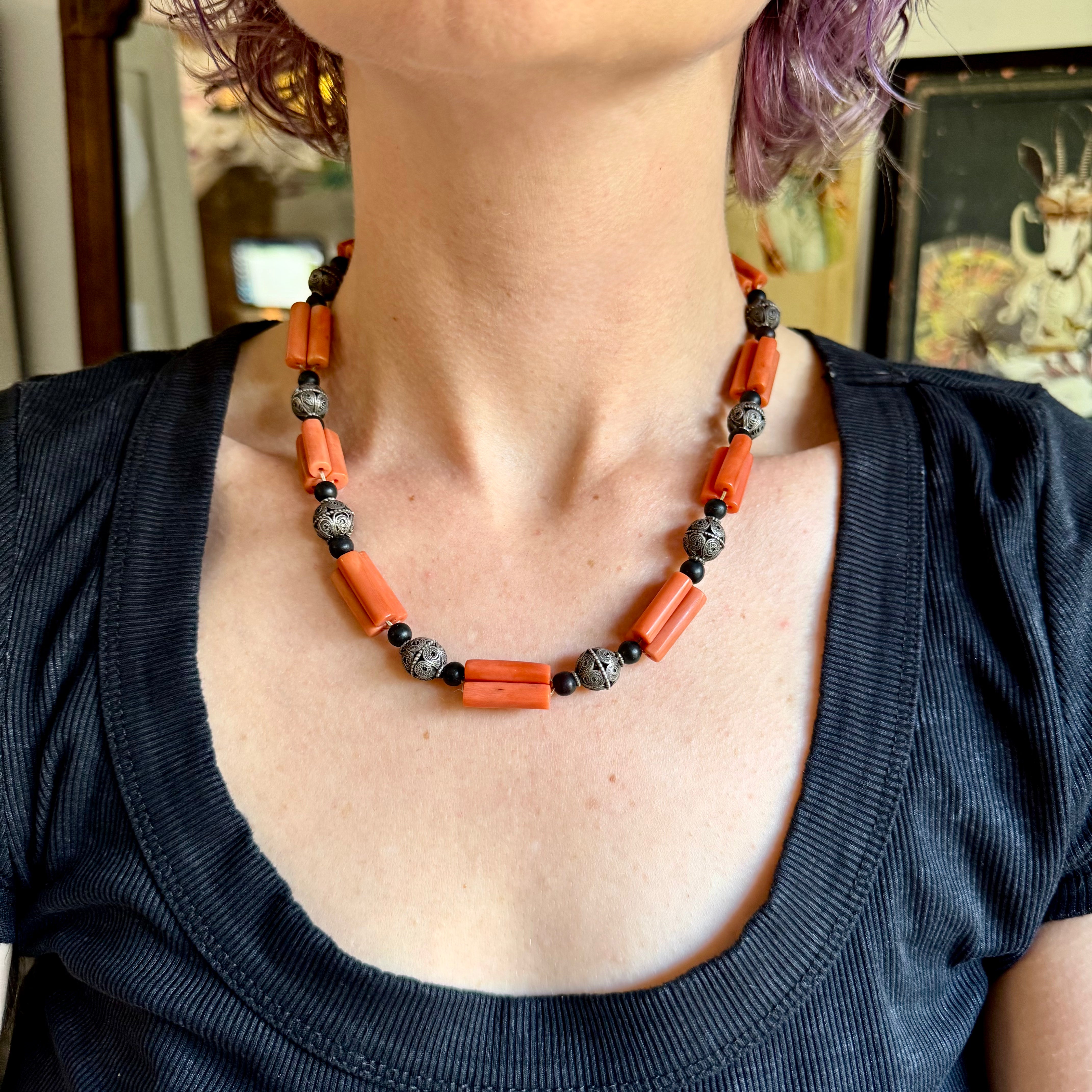 Antique Art Deco coral tube & silver filigree bead link Berber necklace