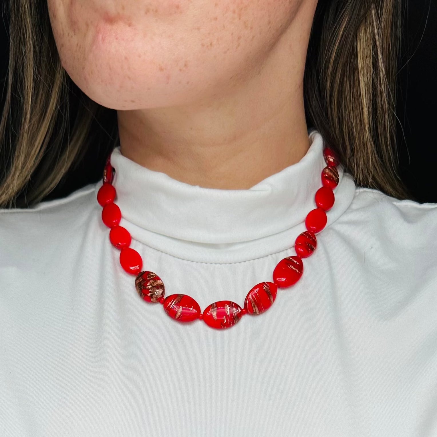 Antique handmade venetian Murano glass red with copper glitter necklace, 18”