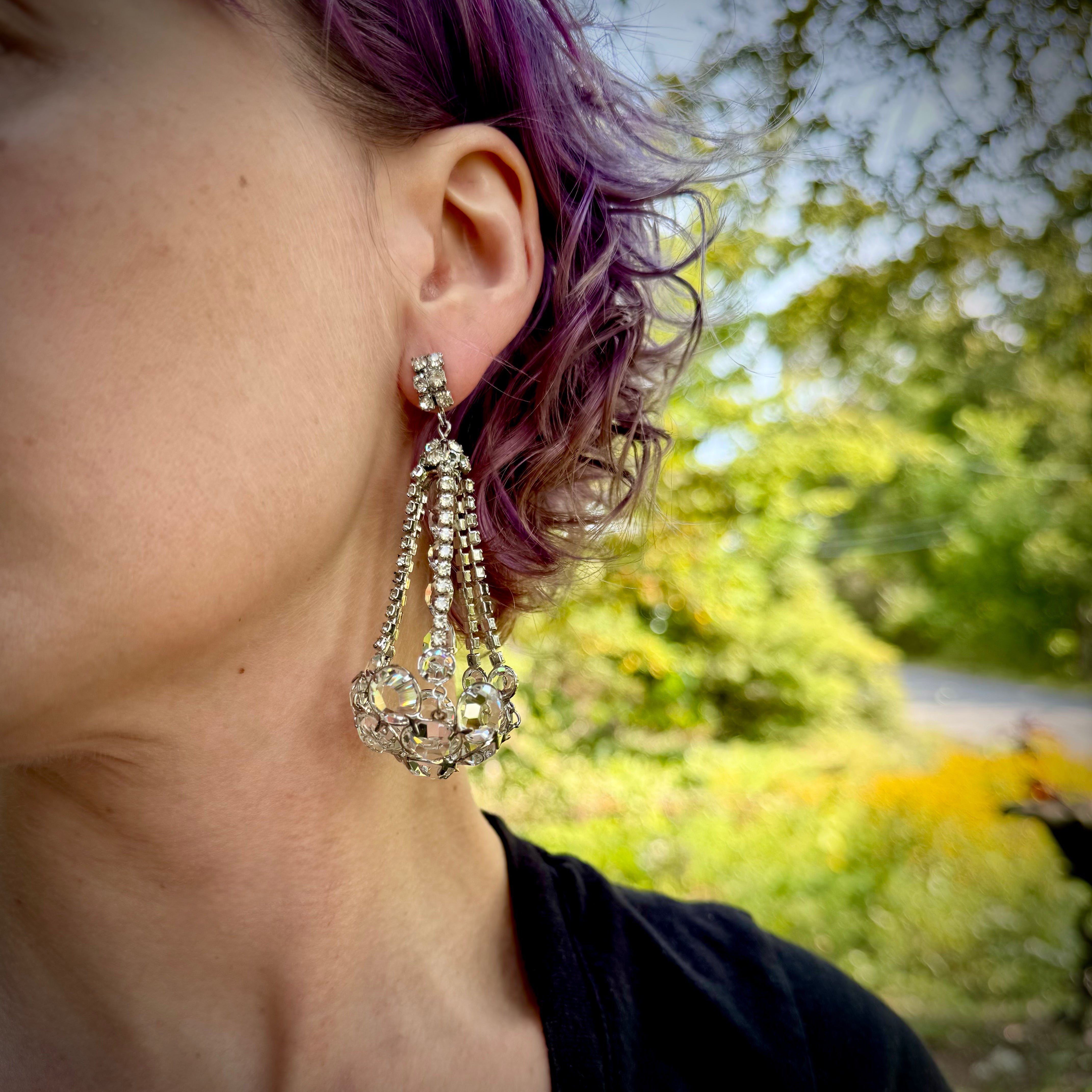 Massive Art Deco dimensional chandelier open back crystal drop earrings