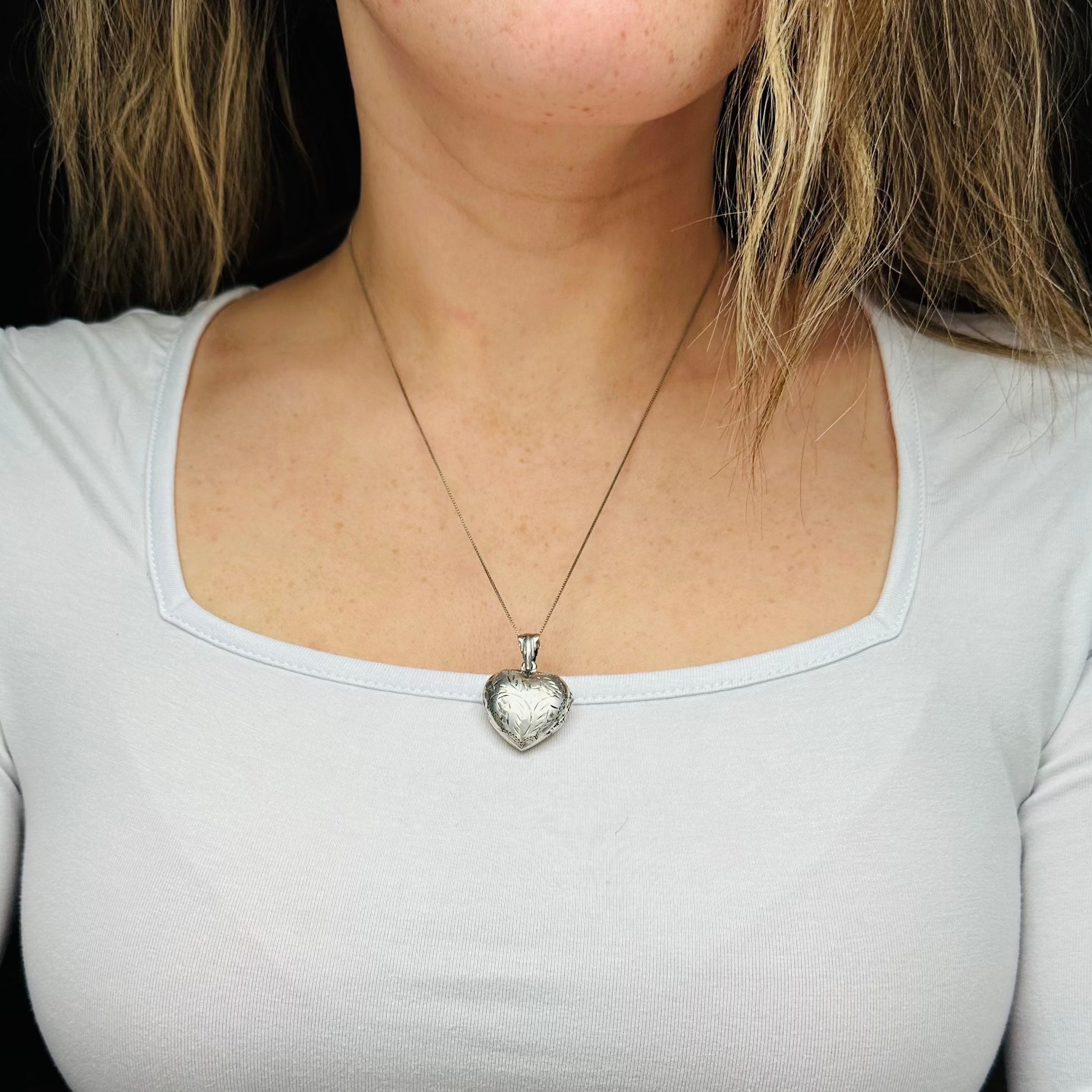 Vintage engraved sterling heart locket pendant on a box link necklace chain, 19”