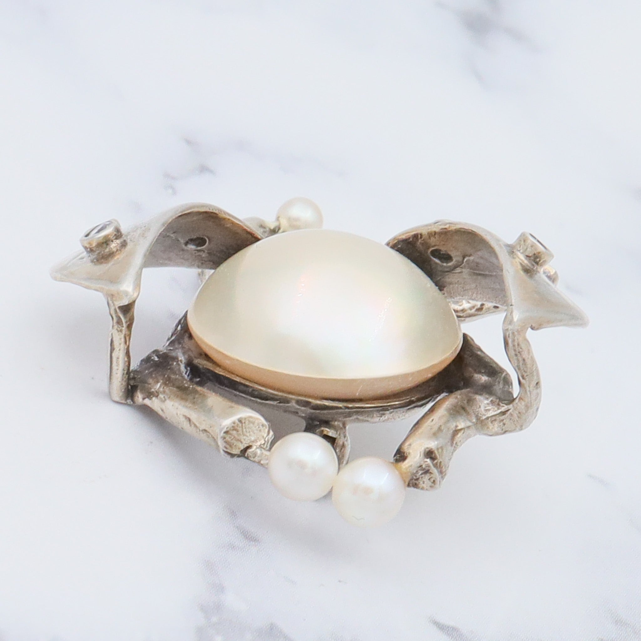 Vintage handmade gilt sterling brooch with mabe pearl & cubic zirconia