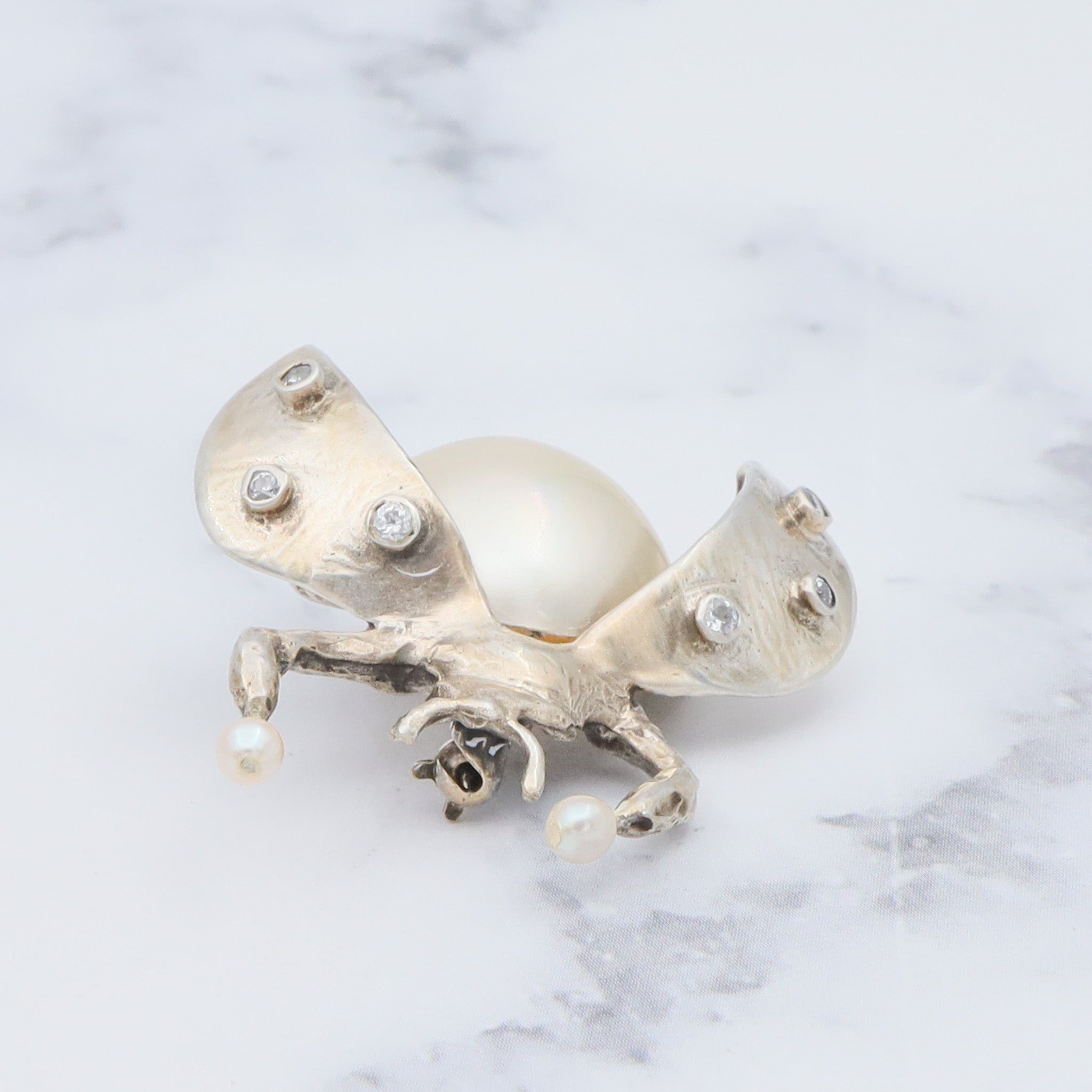 Vintage handmade gilt sterling brooch with mabe pearl & cubic zirconia