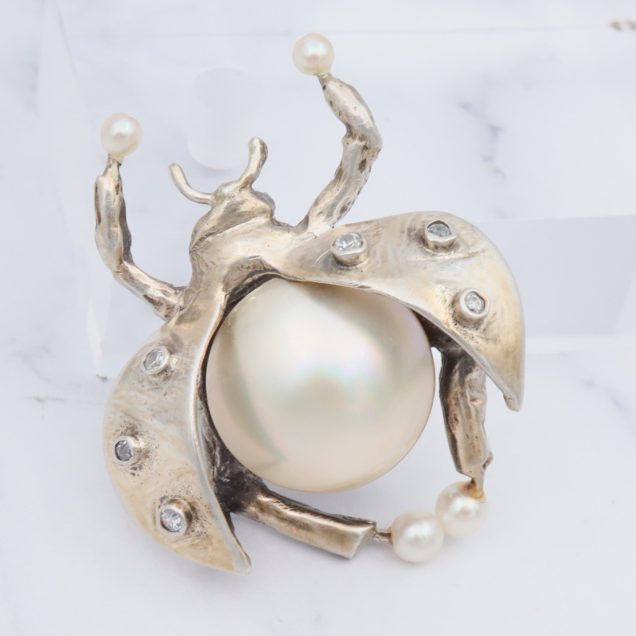 Vintage handmade gilt sterling brooch with mabe pearl & cubic zirconia