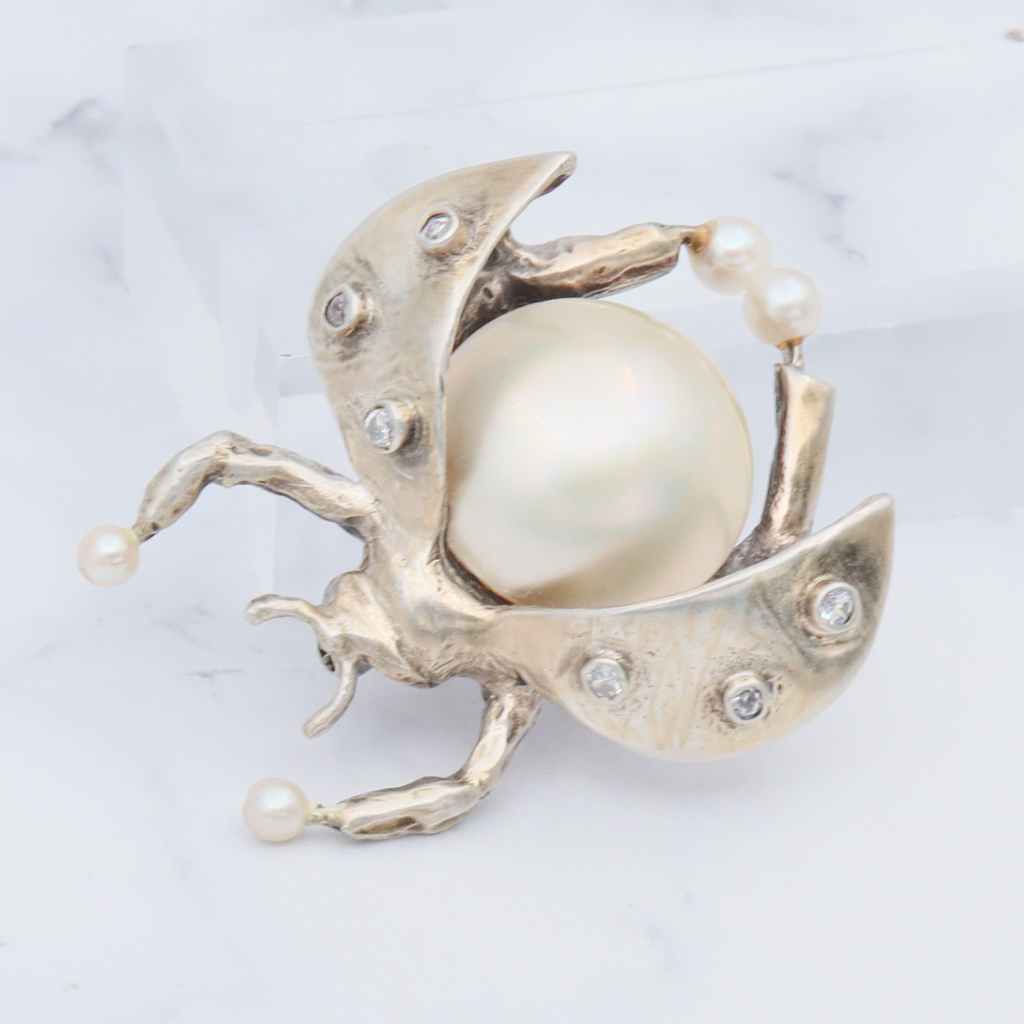 Vintage handmade gilt sterling brooch with mabe pearl & cubic zirconia