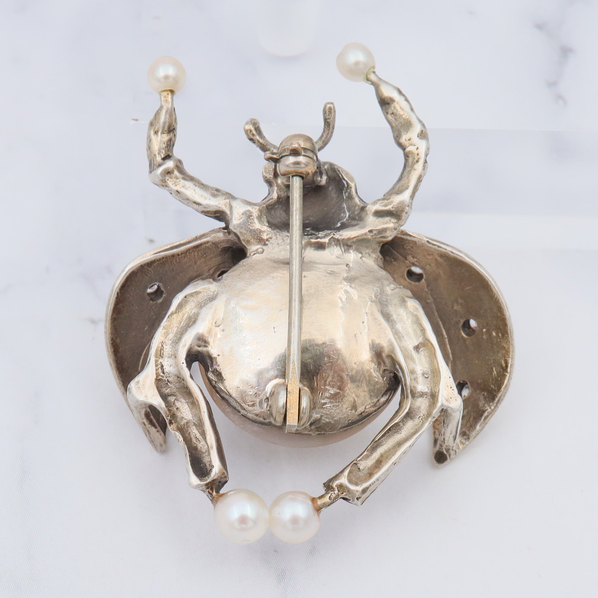 Vintage handmade gilt sterling brooch with mabe pearl & cubic zirconia