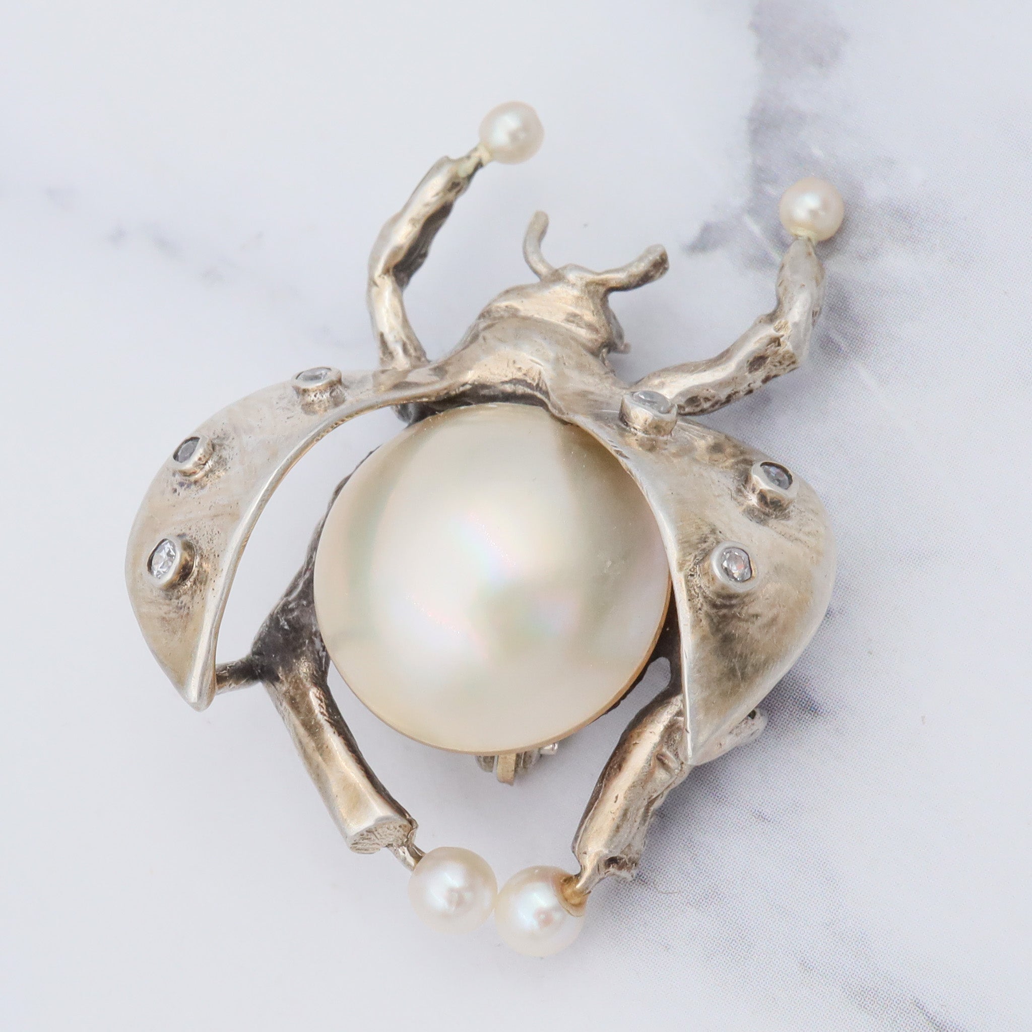 Vintage handmade gilt sterling brooch with mabe pearl & cubic zirconia