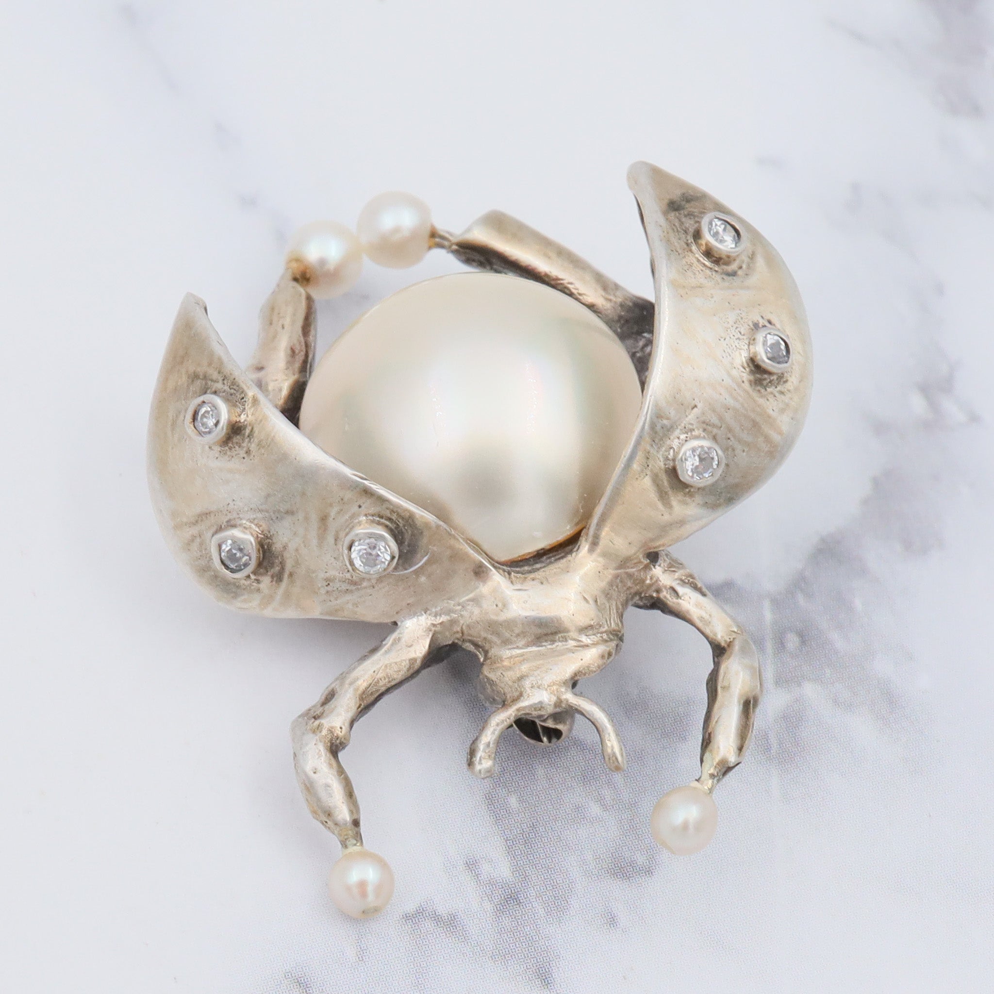 Vintage handmade gilt sterling brooch with mabe pearl & cubic zirconia