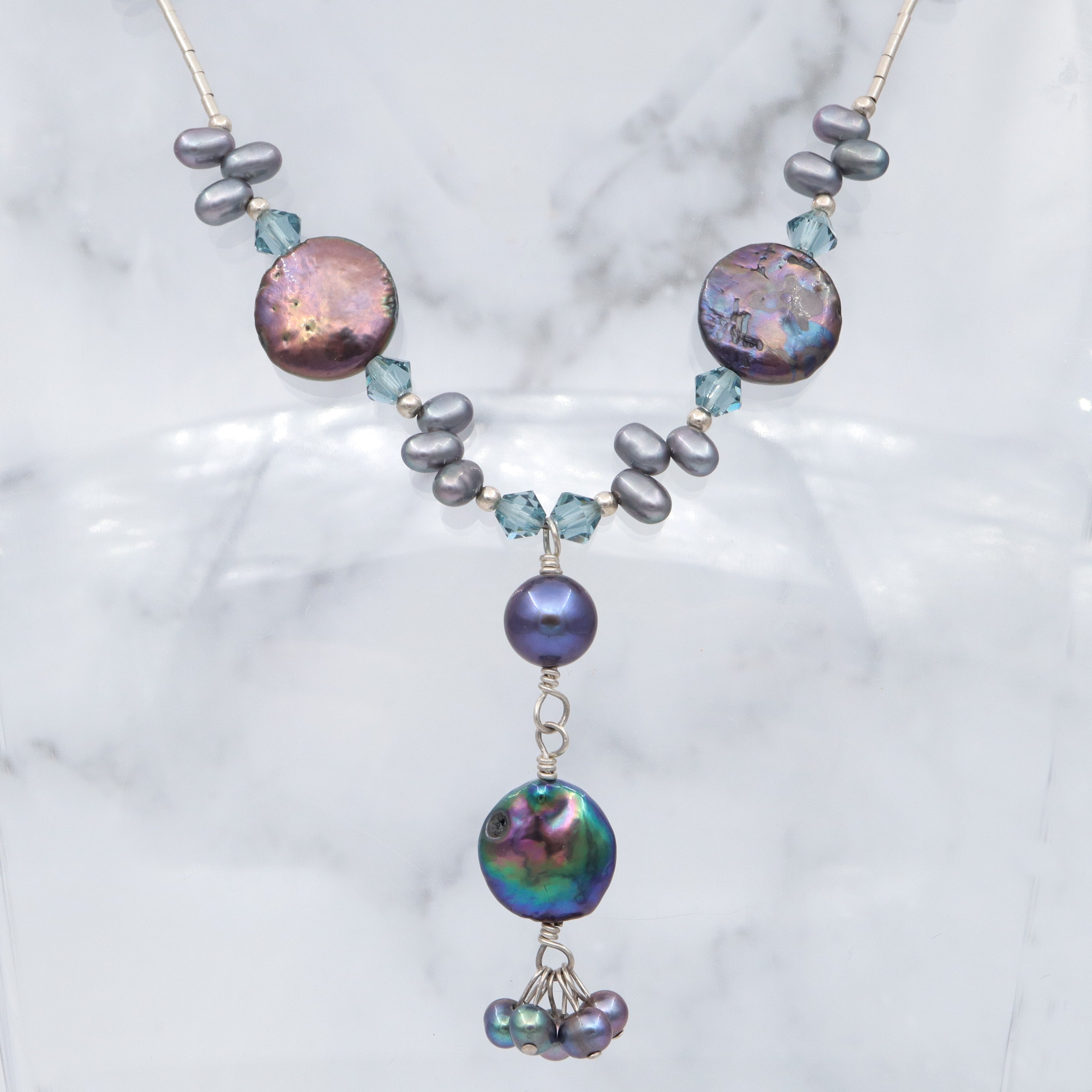 Vintage sterling blue, grey Tahitian pearl & faceted blue glass beaded drop necklace, 17