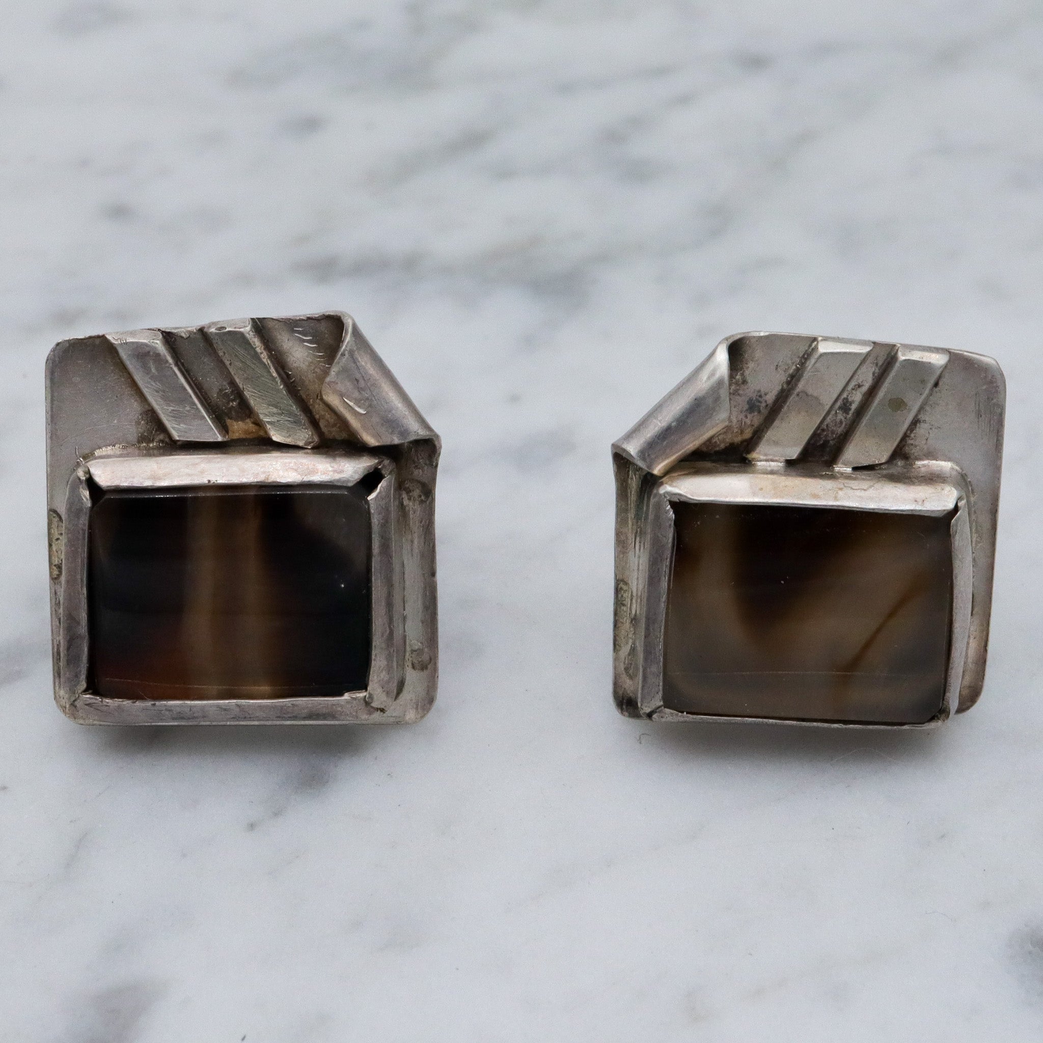 Antique native american sterling silver banded agate cuff links
