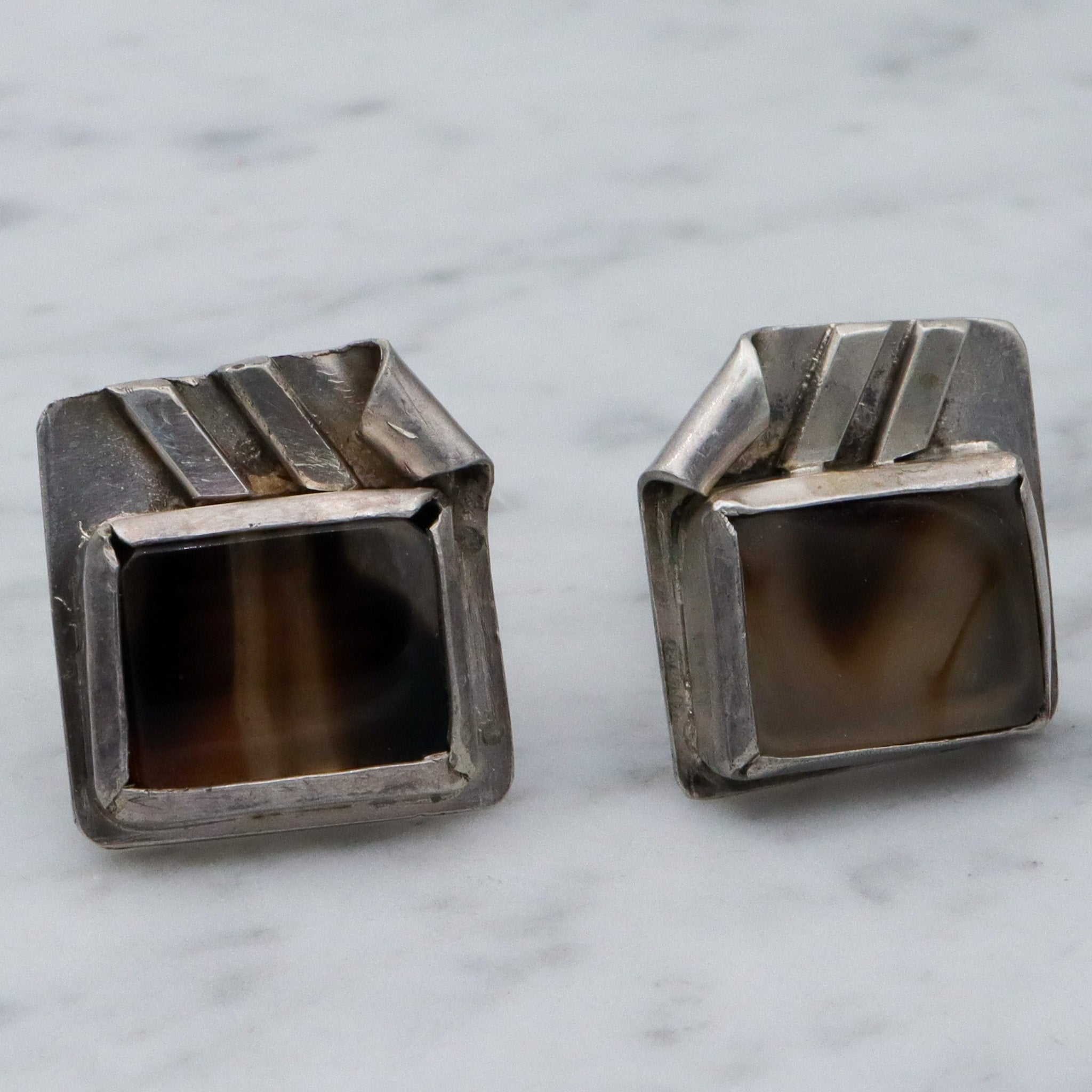Antique native american sterling silver banded agate cuff links