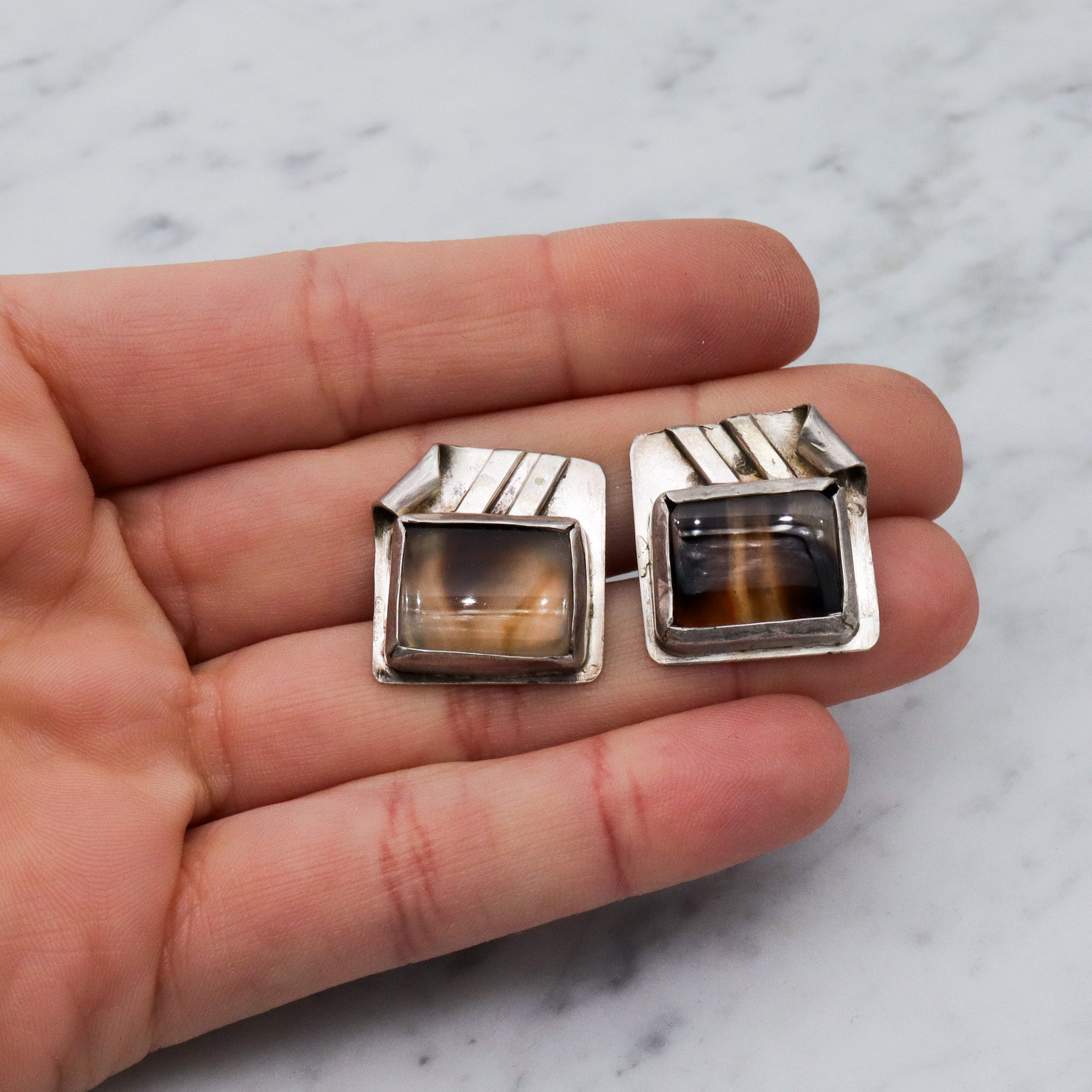 Antique native american sterling silver banded agate cuff links