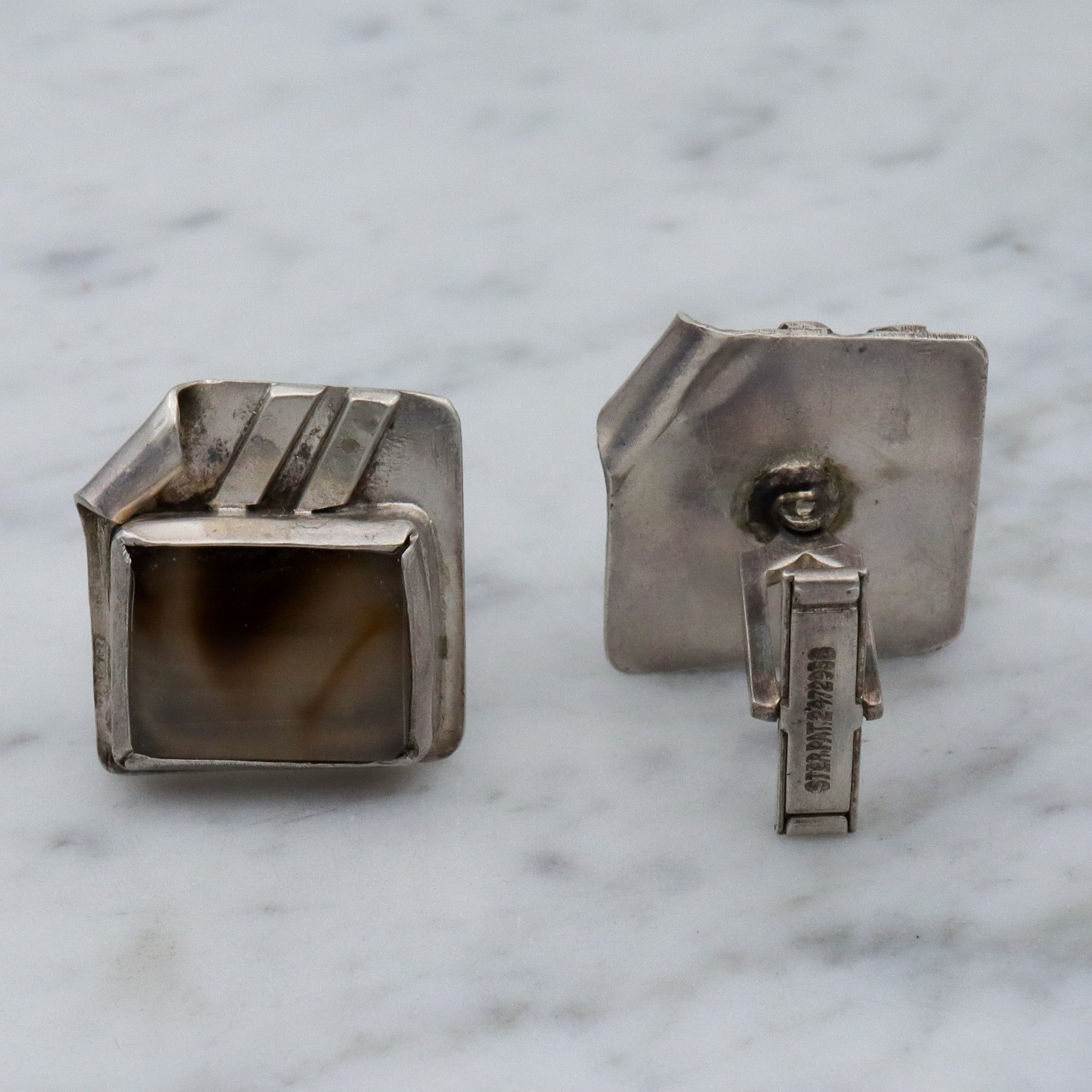 Antique native american sterling silver banded agate cuff links