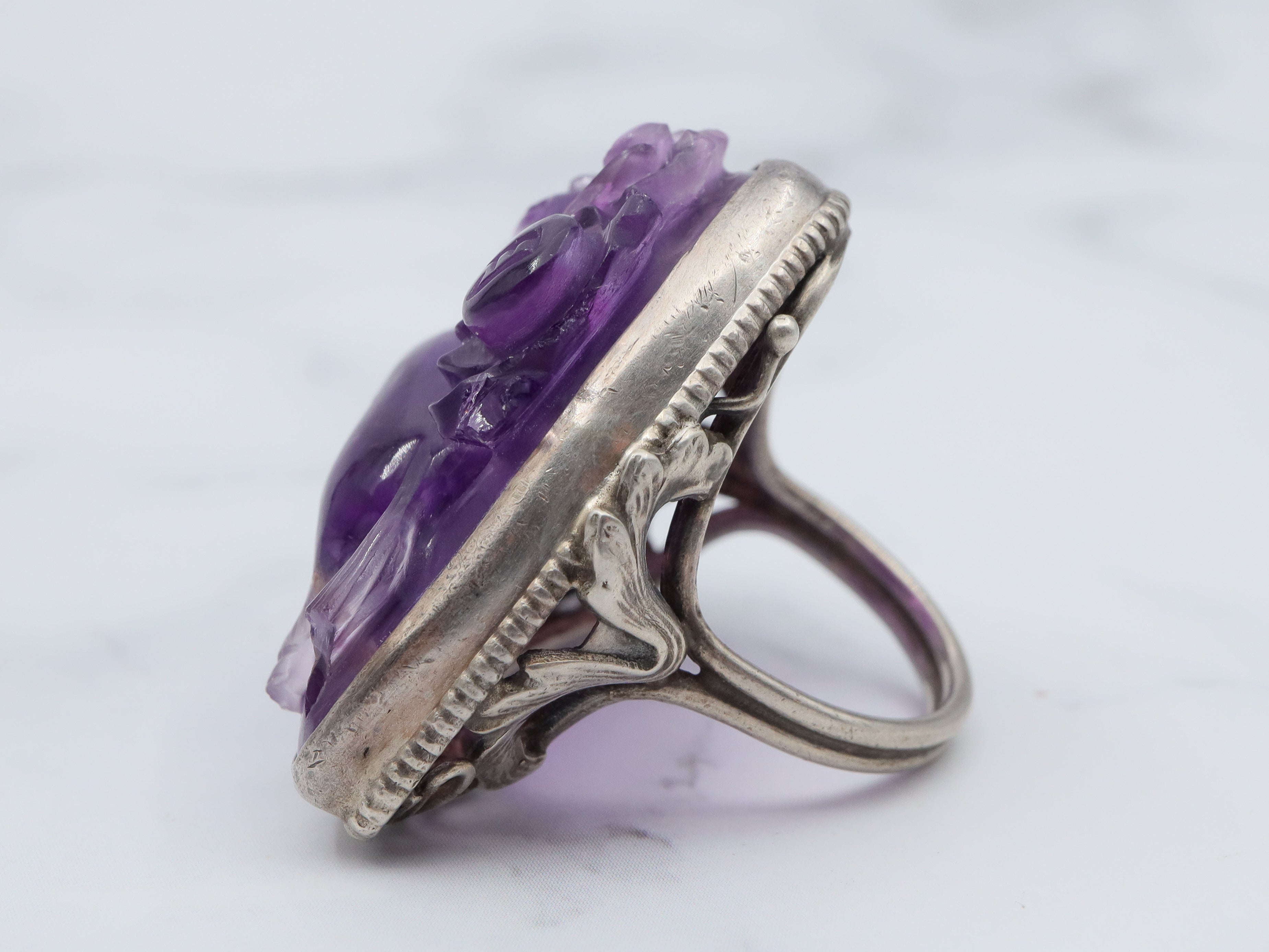 Antique Art Nouveau Chinese carved amethyst sterling ring, size 6