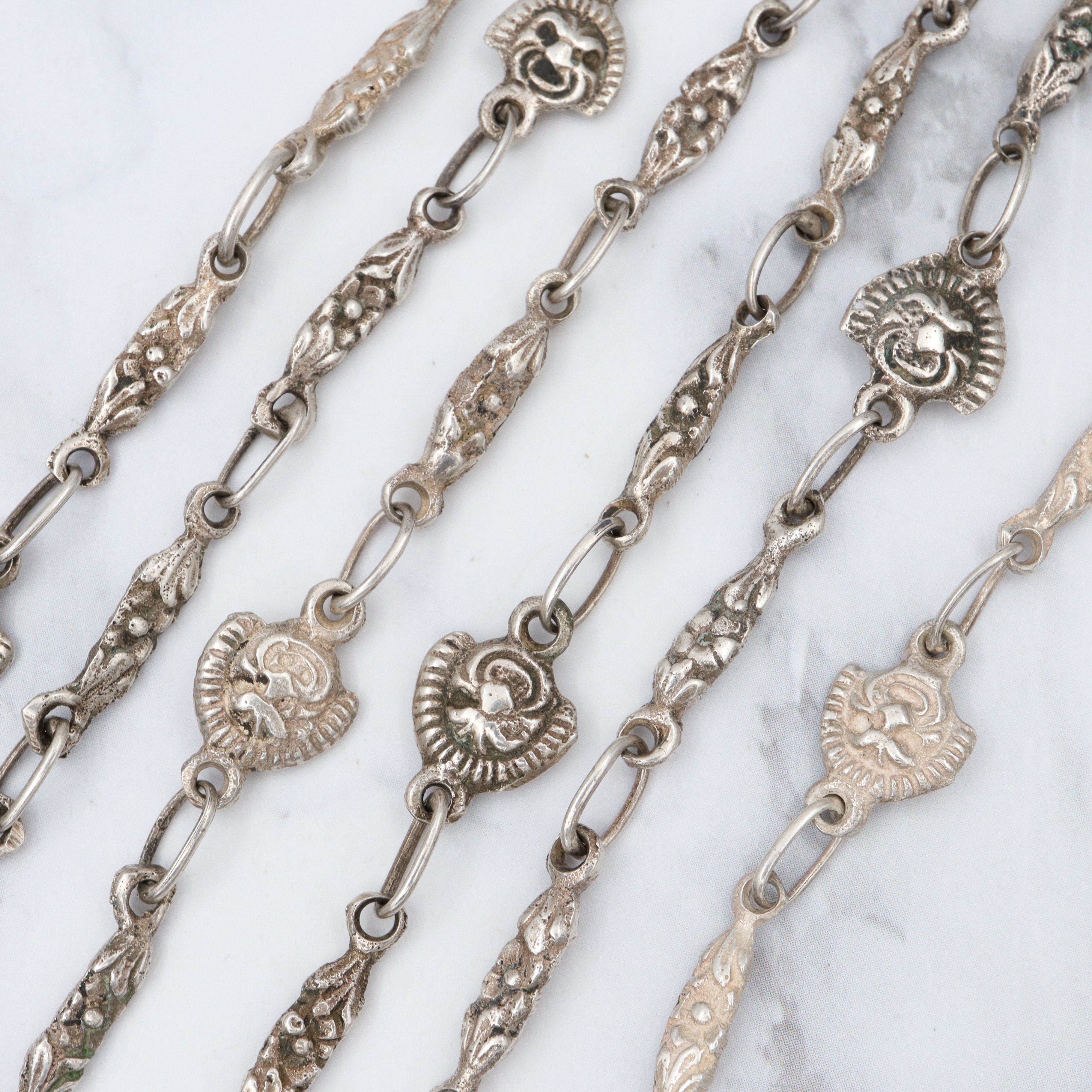 Vintage sterling Mexican Mayan mask link, long chain necklace 32”