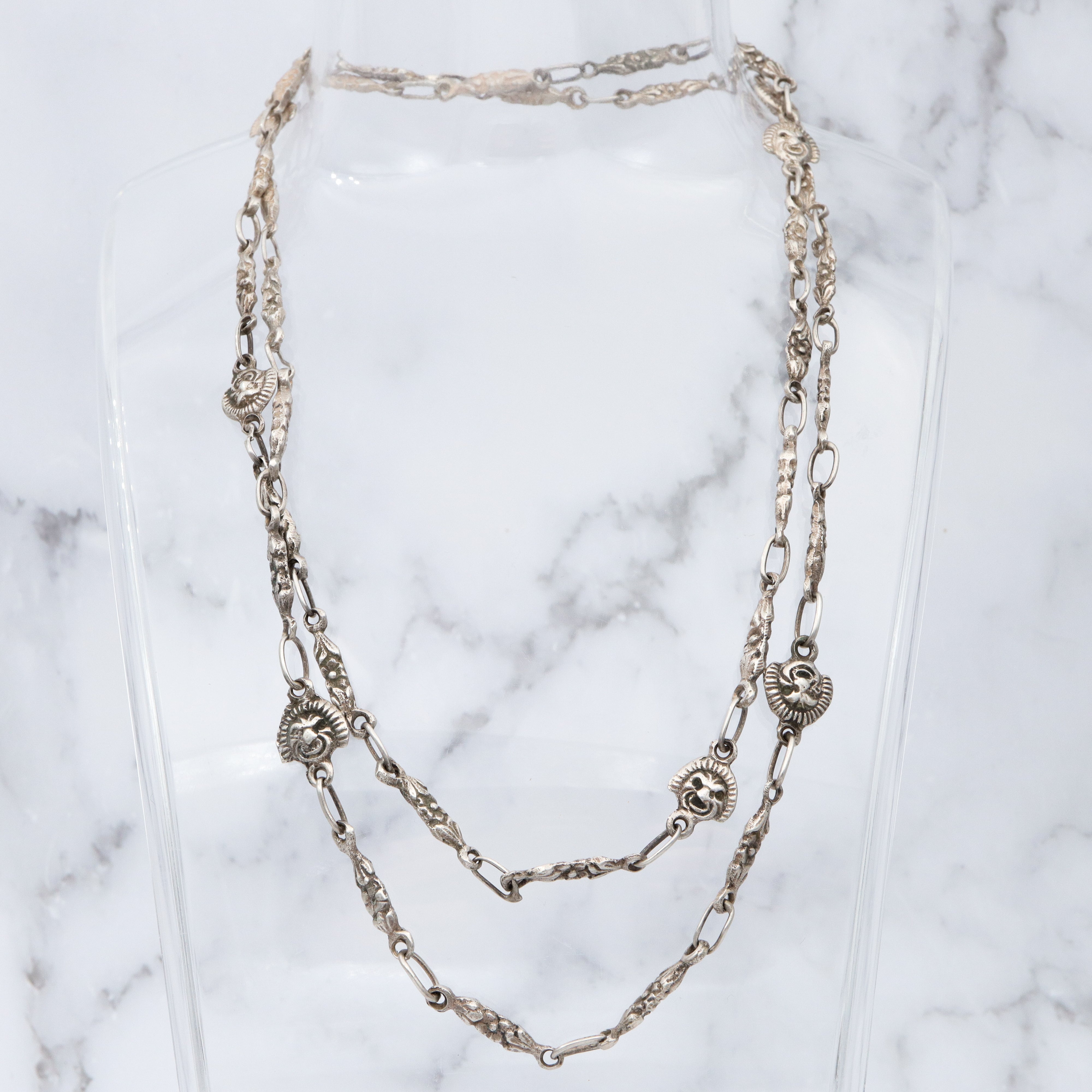 Vintage sterling Mexican Mayan mask link, long chain necklace 32”