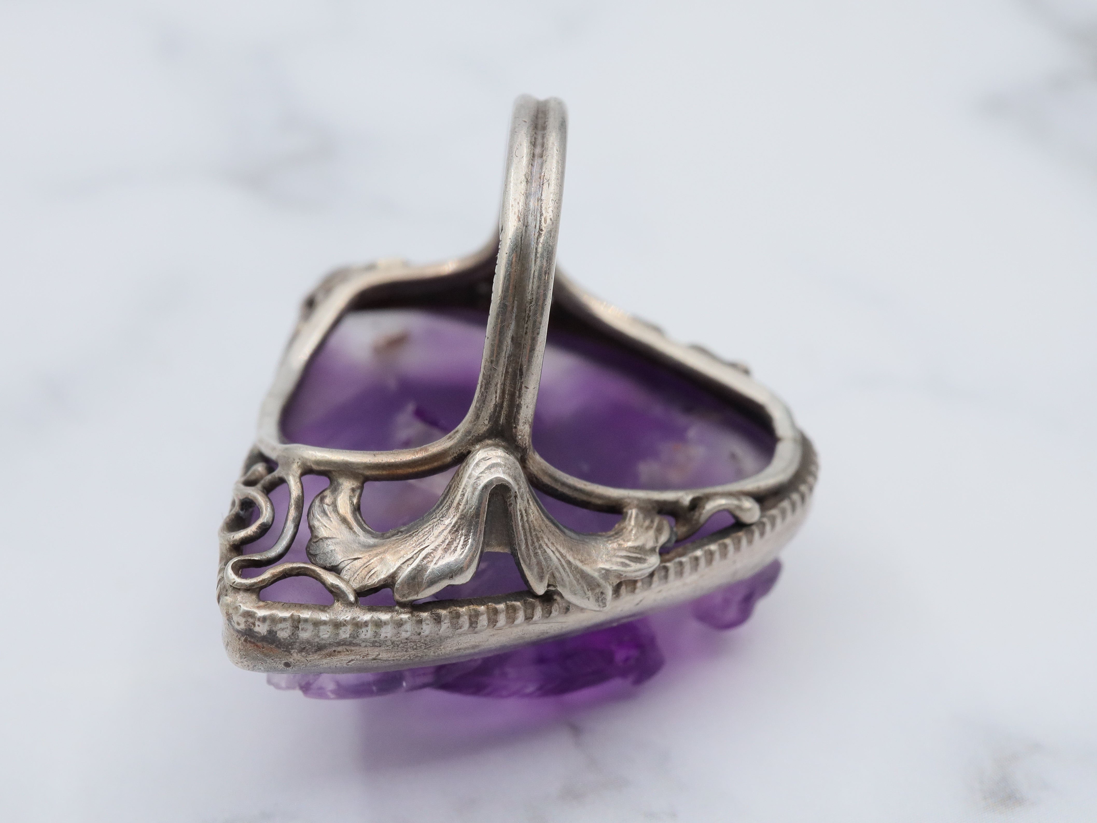 Antique Art Nouveau Chinese carved amethyst sterling ring, size 6