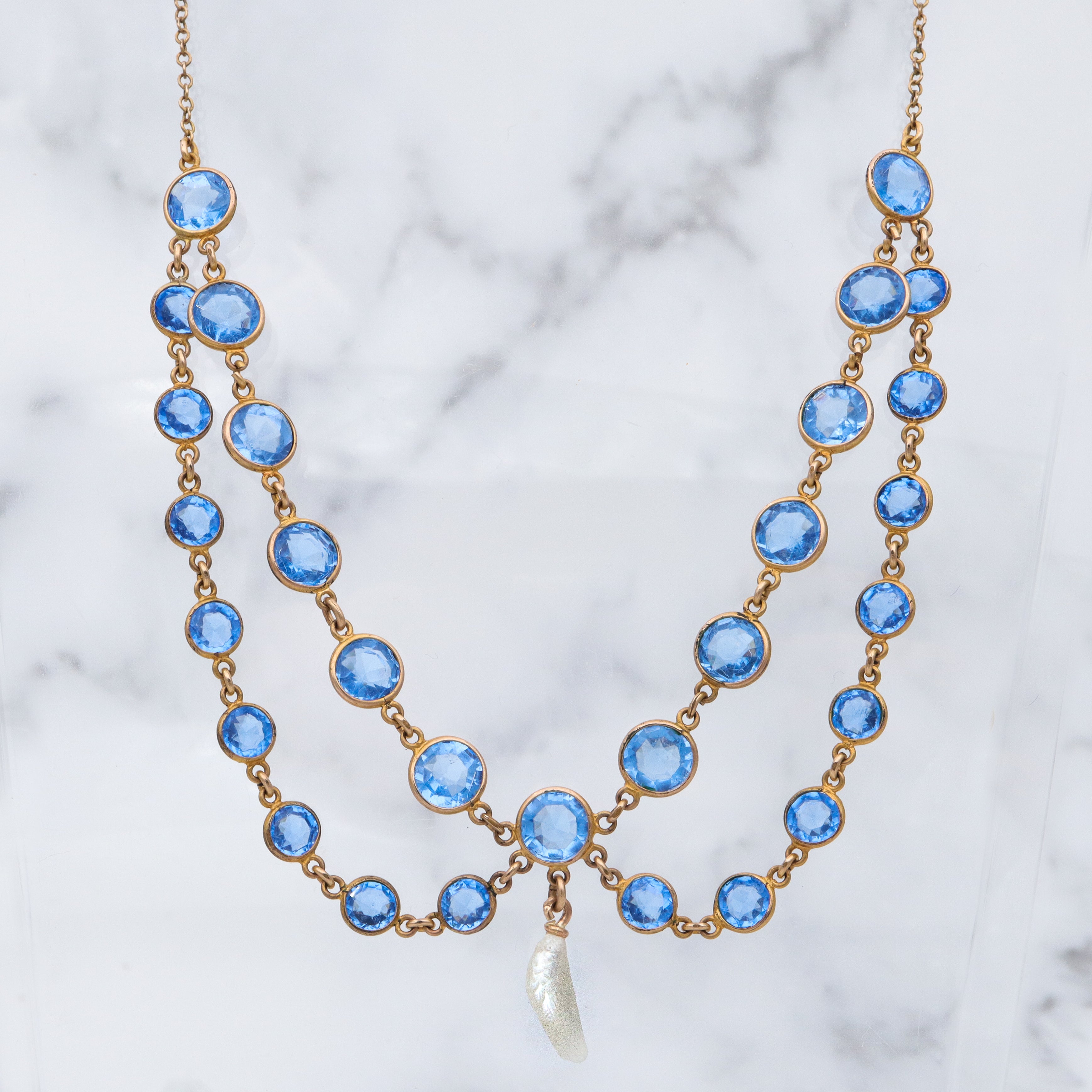 Antique Victorian gold filled blue paste & dogtooth pearl festoon necklace 16.5”