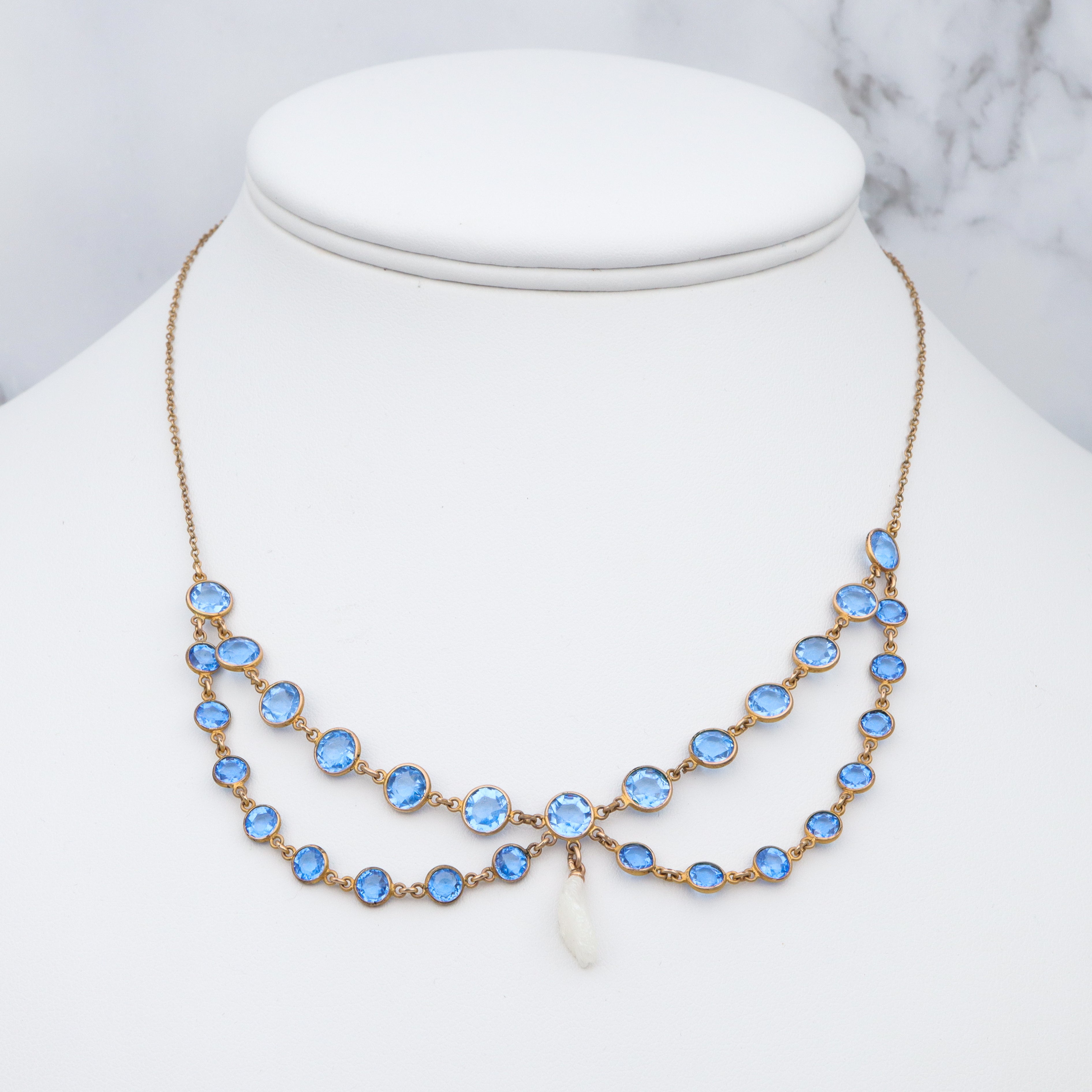 Antique Victorian gold filled blue paste & dogtooth pearl festoon necklace 16.5”