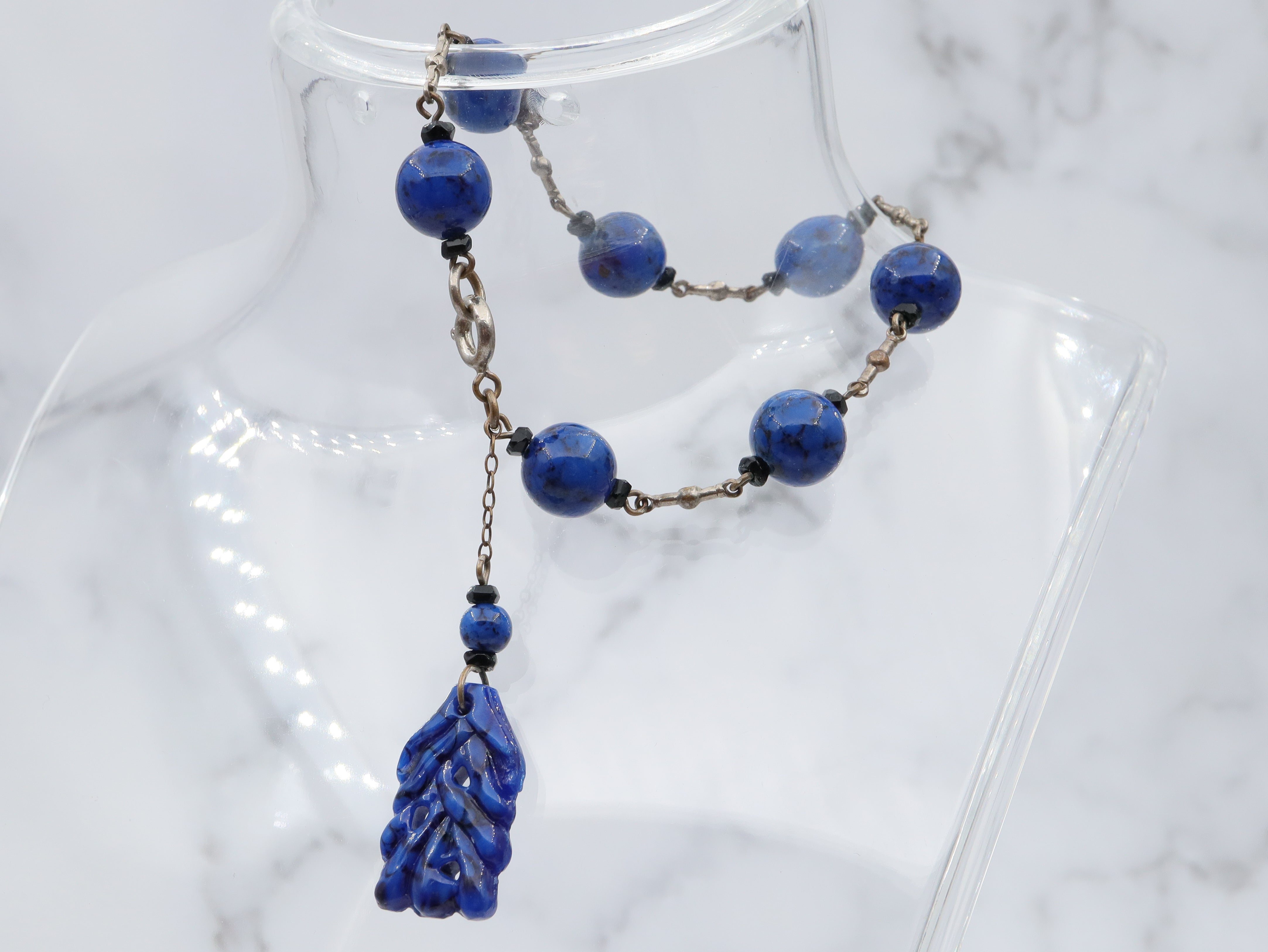 Antique Art Deco silver tone and carved lapis art glass drop bracelet