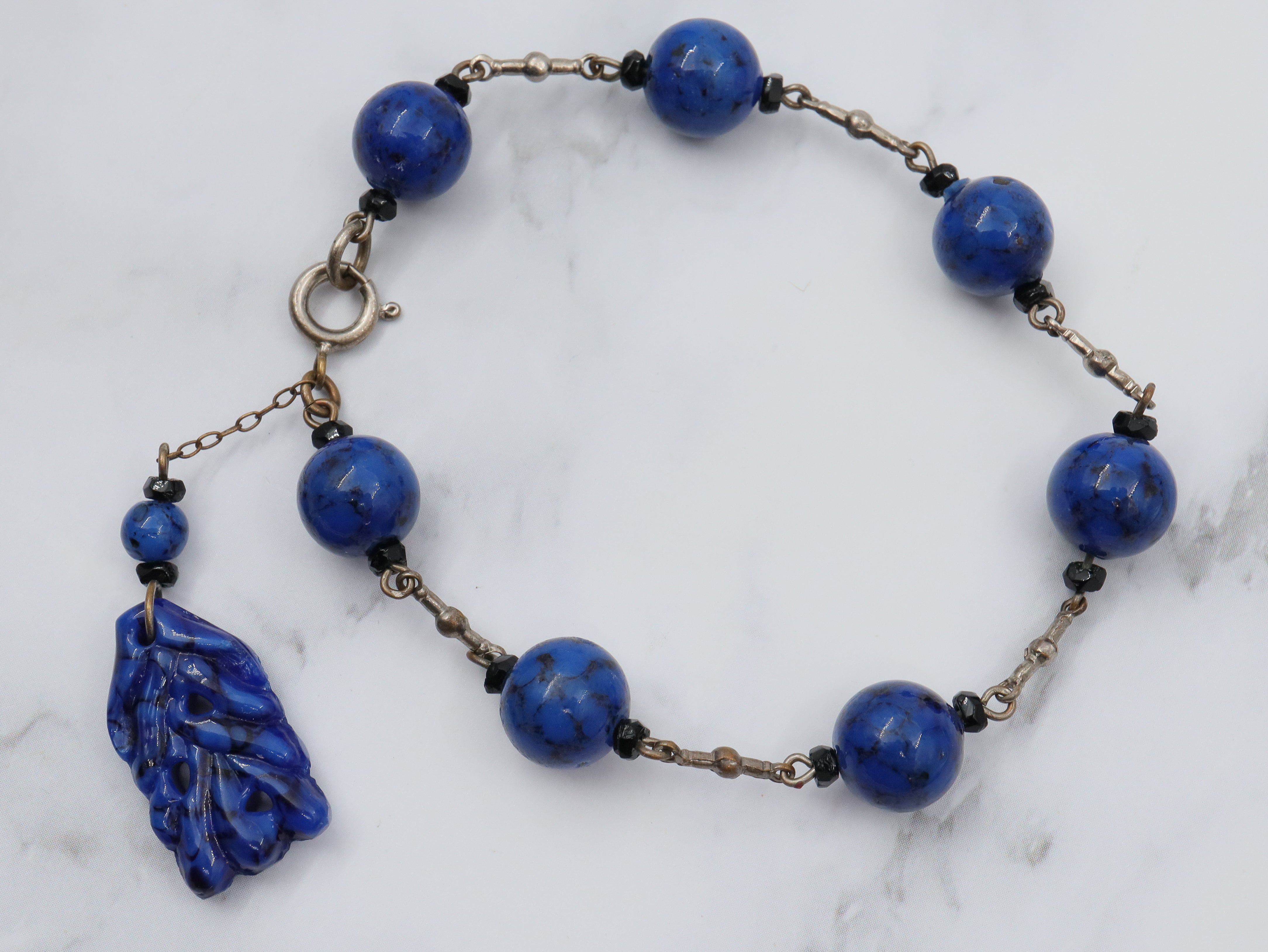Antique Art Deco silver tone and carved lapis art glass drop bracelet
