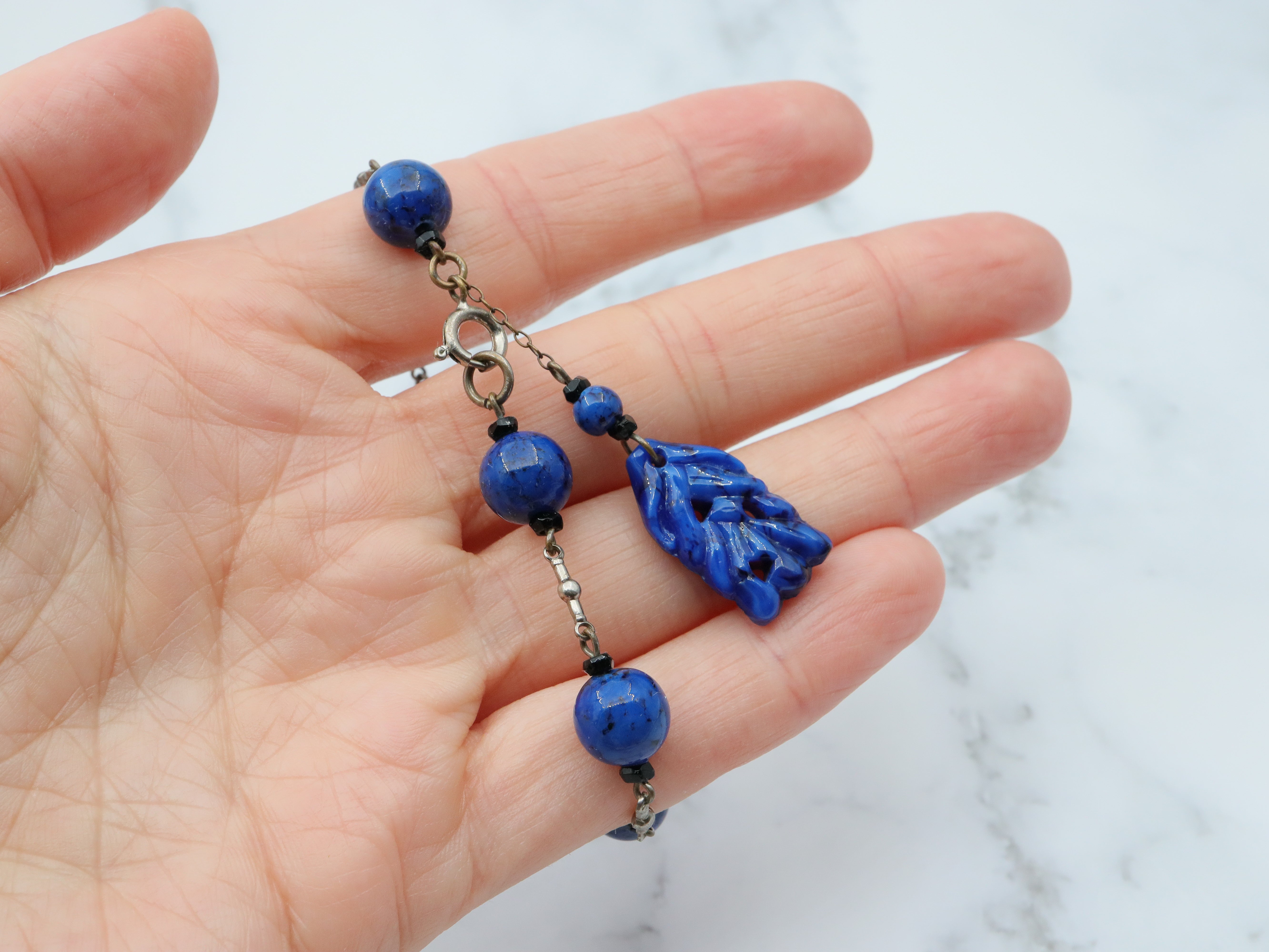 Antique Art Deco silver tone and carved lapis art glass drop bracelet