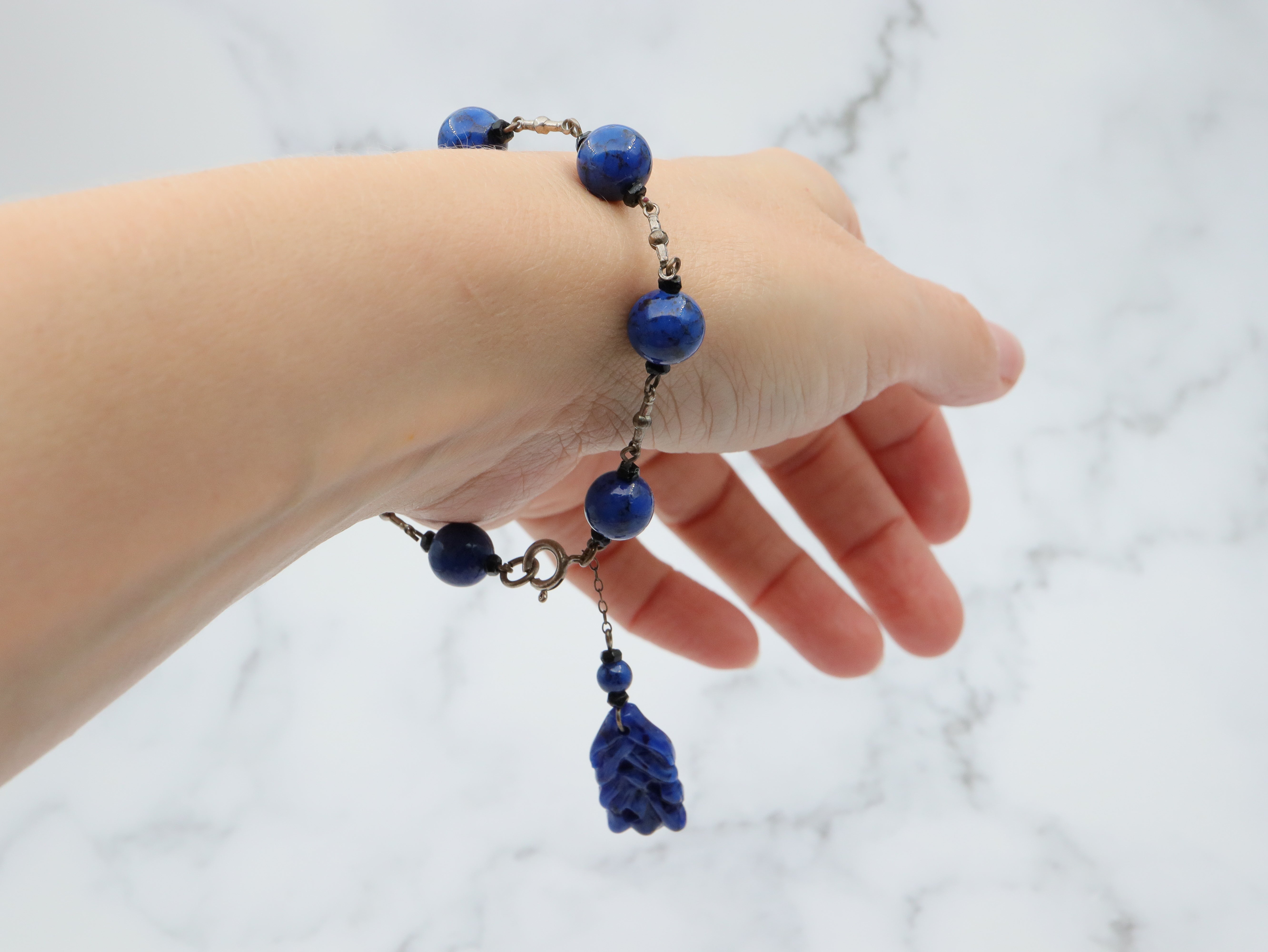 Antique Art Deco silver tone and carved lapis art glass drop bracelet