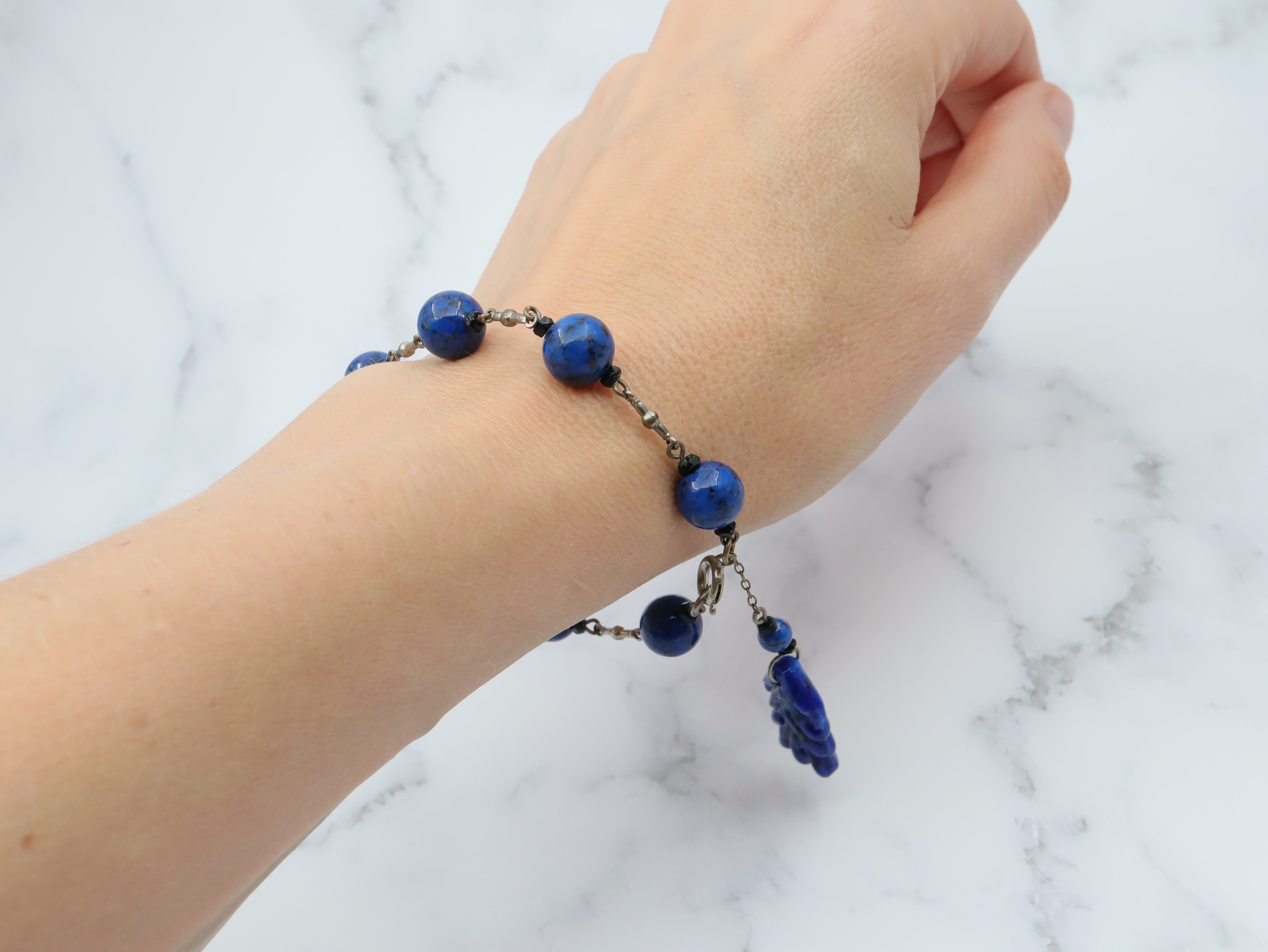 Antique Art Deco silver tone and carved lapis art glass drop bracelet