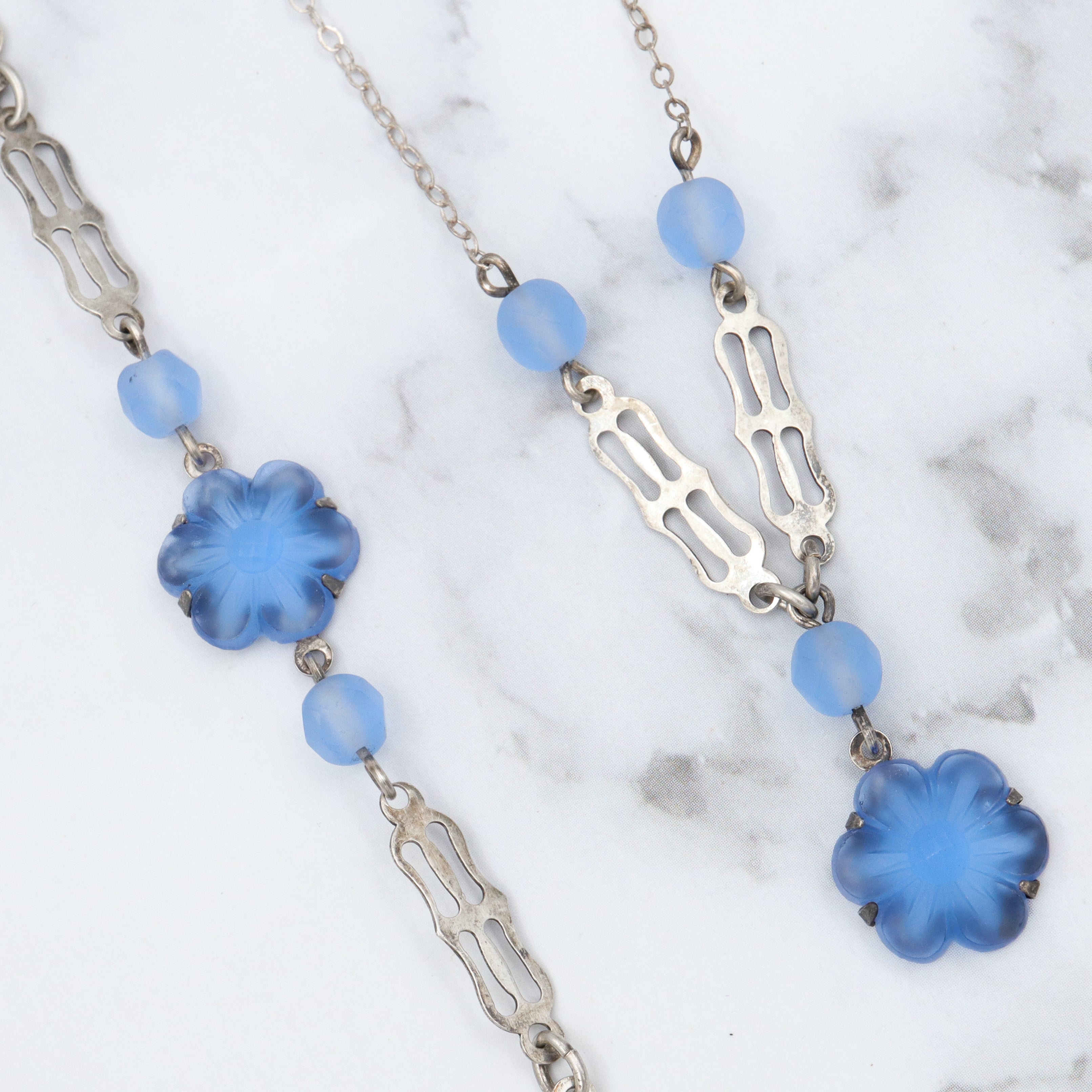 Antique Art Deco sterling silver & frosted molded glass child’s necklace and bracelet set