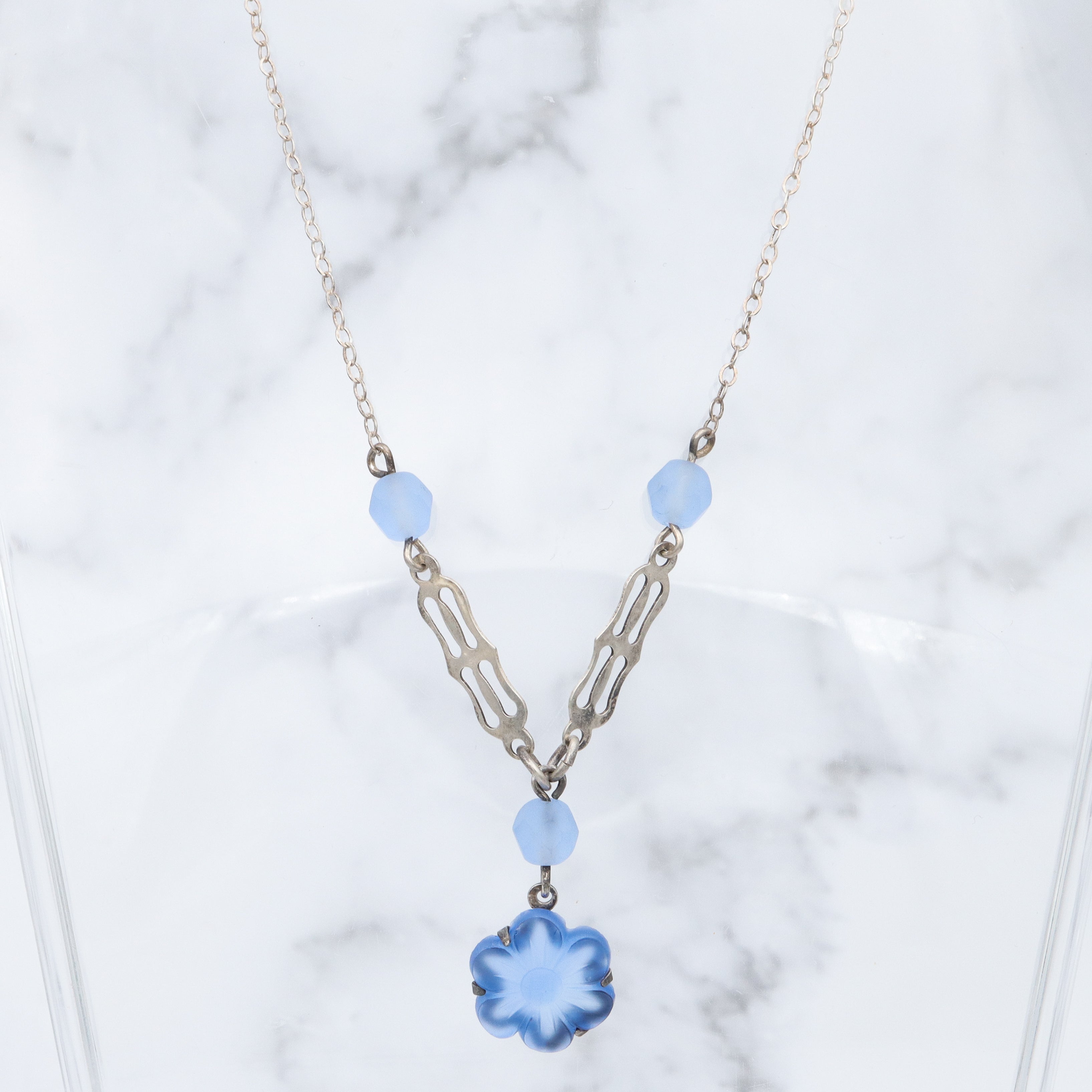 Antique Art Deco sterling silver & frosted molded glass child’s necklace and bracelet set