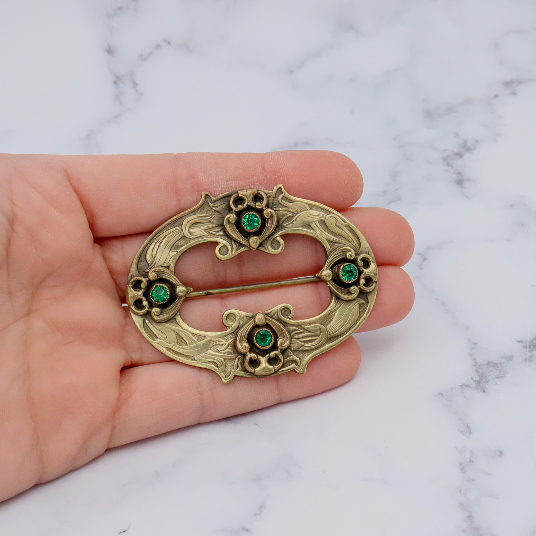 Large Antique Art Nouveau brass & green gem buckle brooch