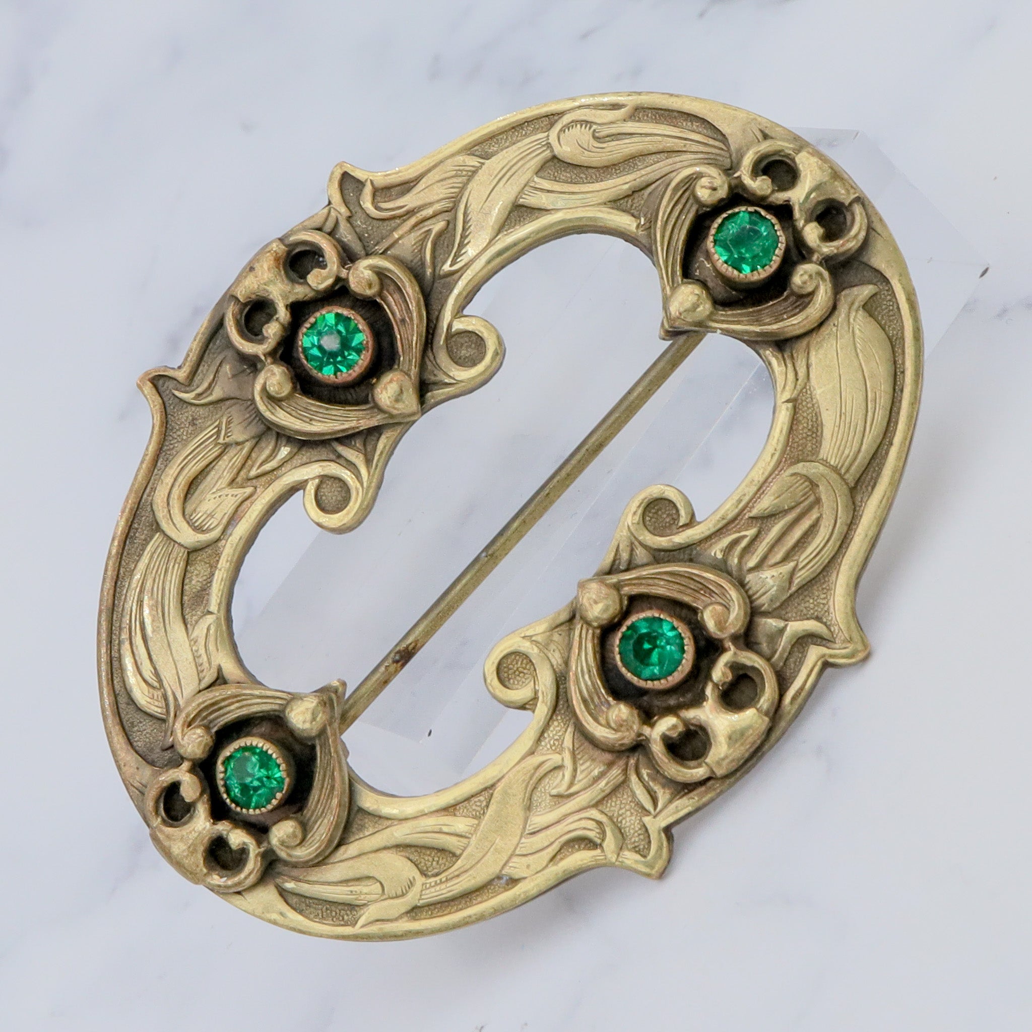 Large Antique Art Nouveau brass & green gem buckle brooch