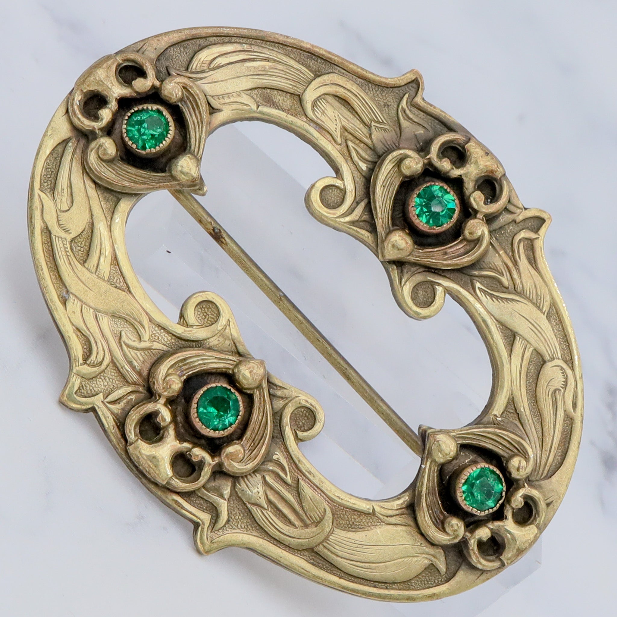 Large Antique Art Nouveau brass & green gem buckle brooch