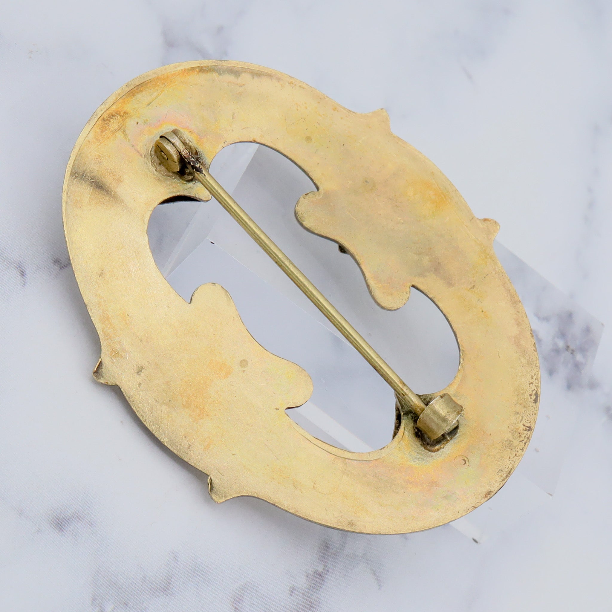 Large Antique Art Nouveau brass & green gem buckle brooch