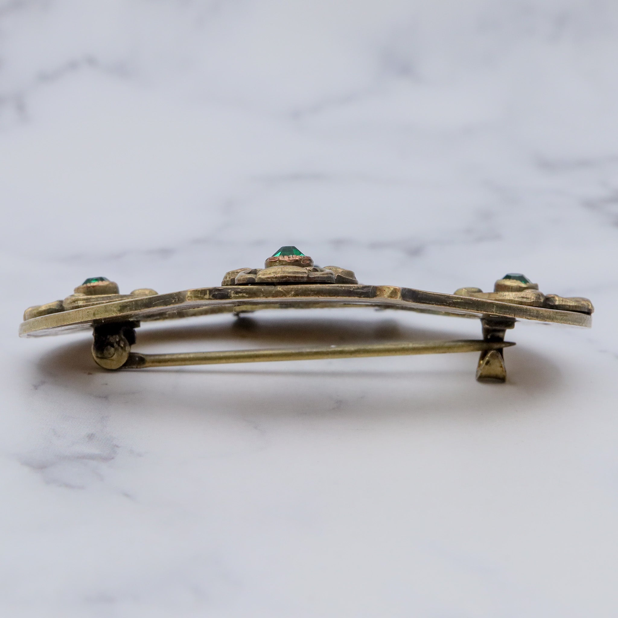 Large Antique Art Nouveau brass & green gem buckle brooch