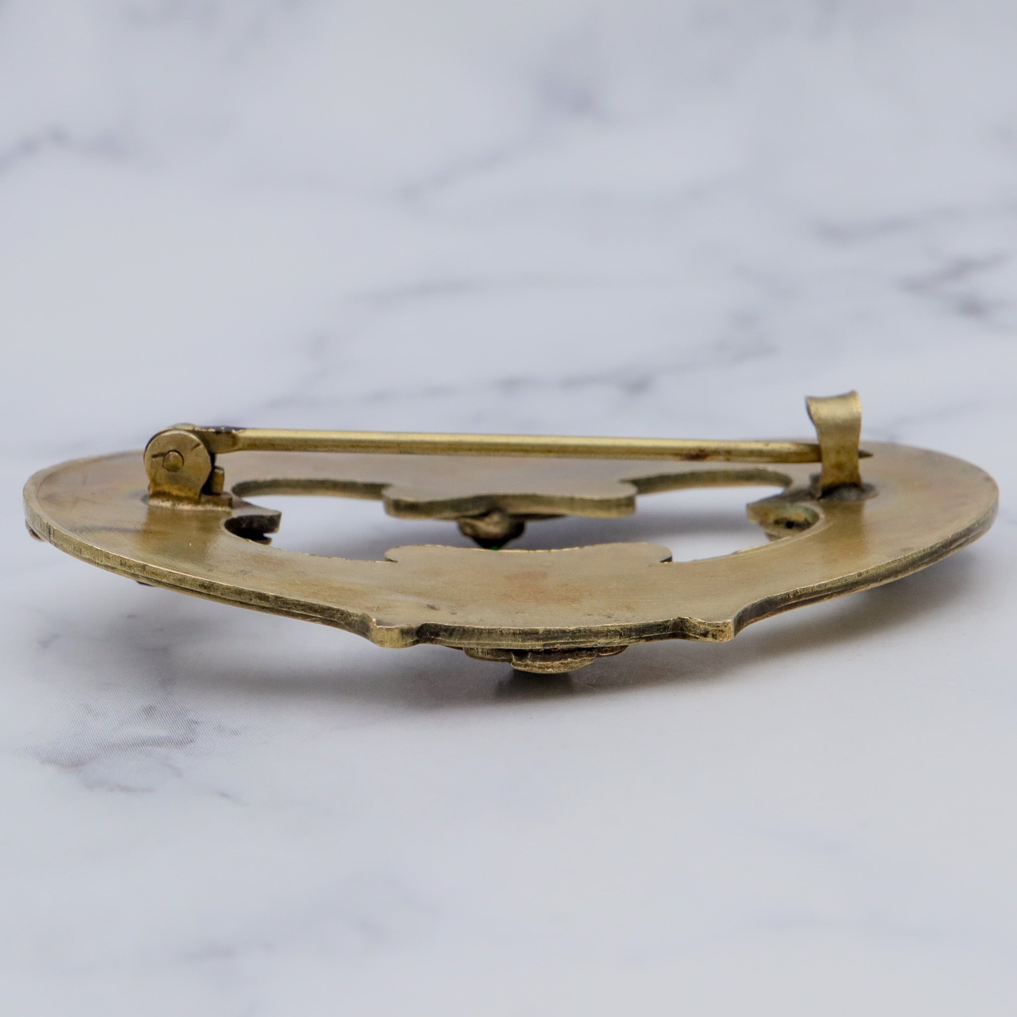 Large Antique Art Nouveau brass & green gem buckle brooch