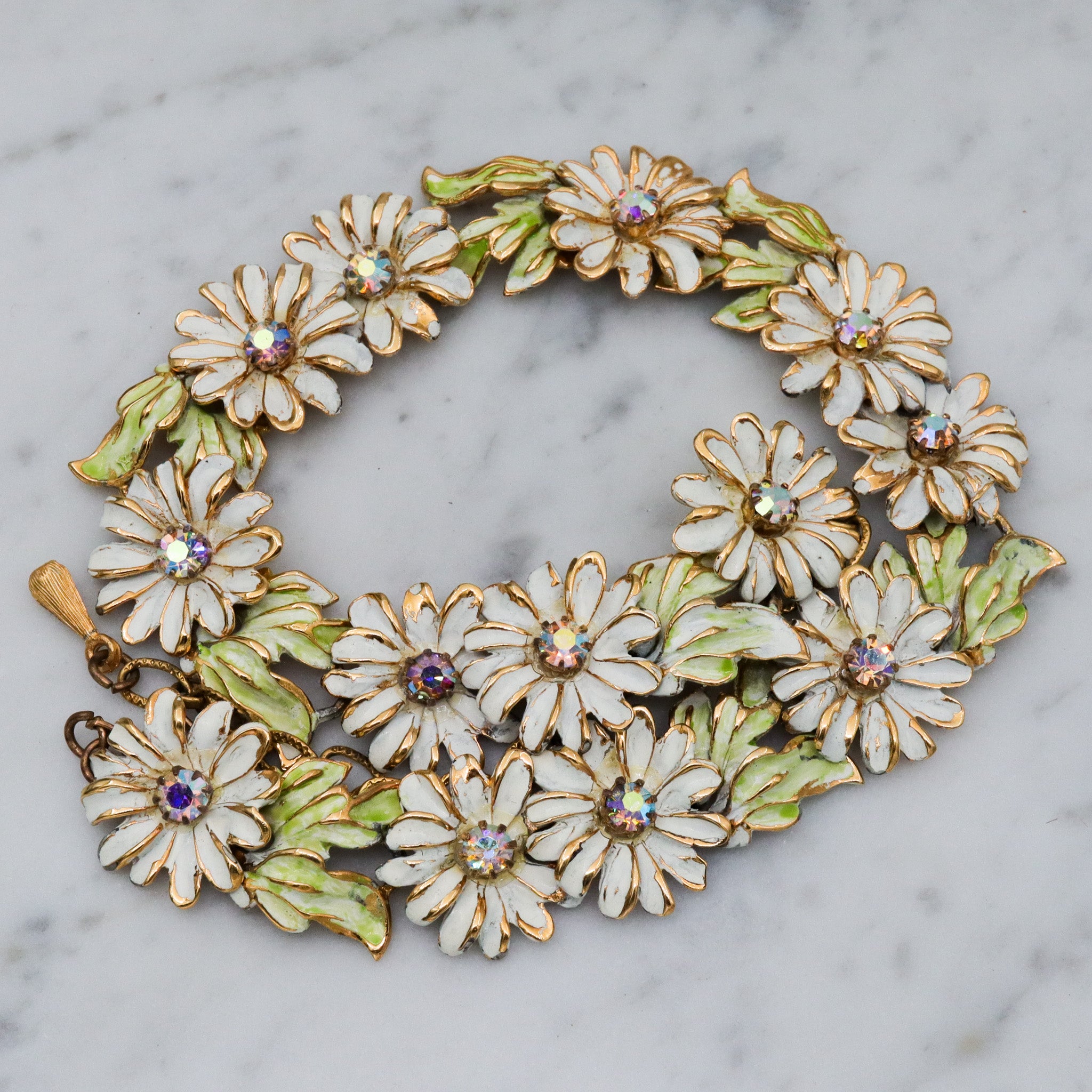 Vintage Kramer painted gold tone AB rhinestone flower necklace