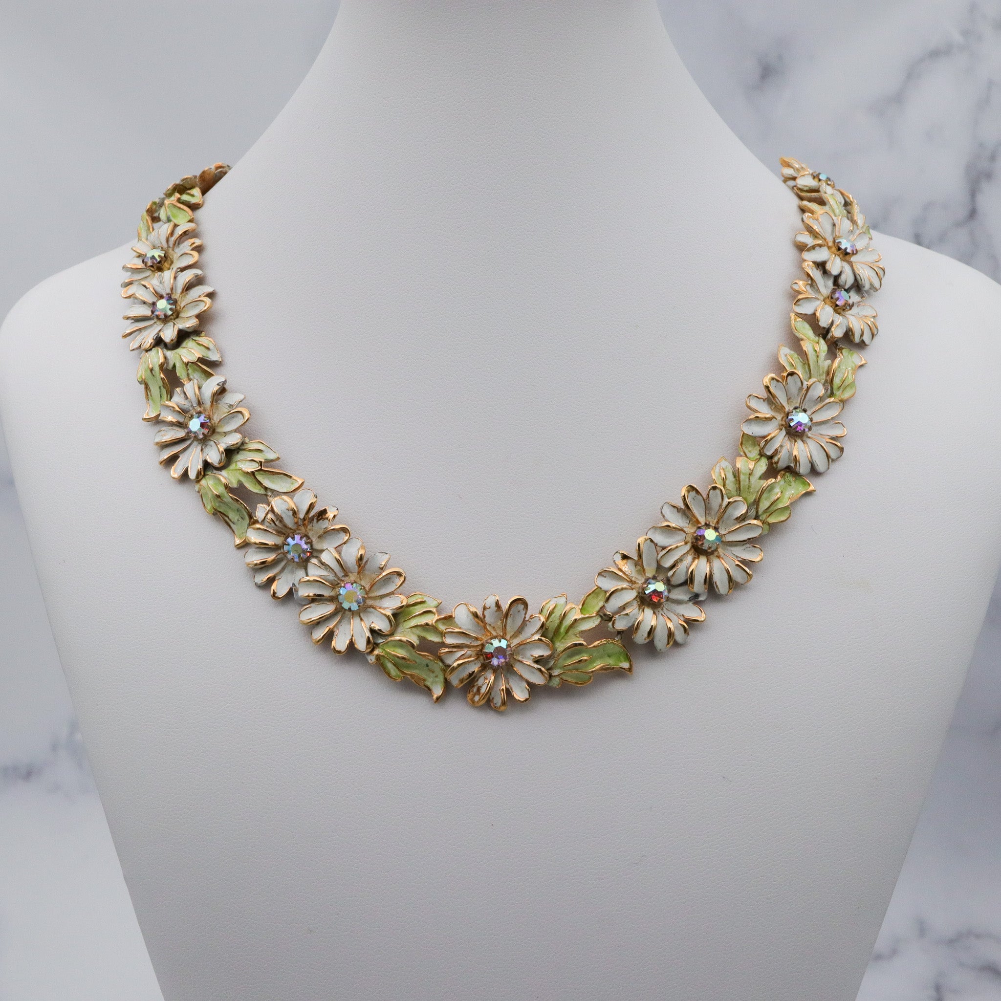 Vintage Kramer painted gold tone AB rhinestone flower necklace