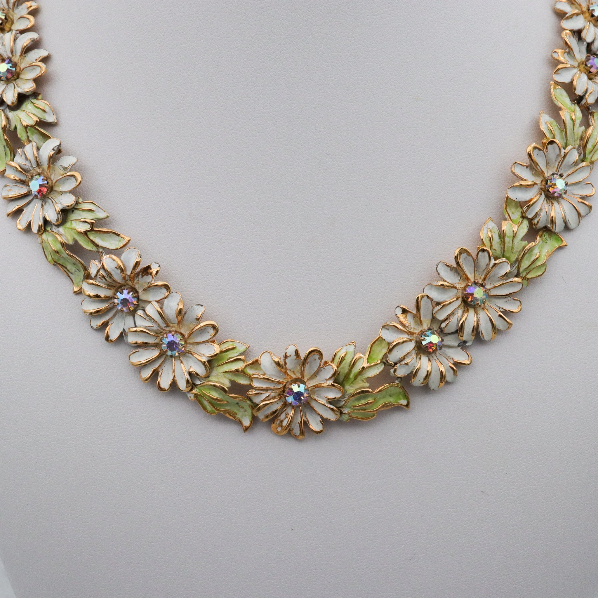 Vintage Kramer painted gold tone AB rhinestone flower necklace