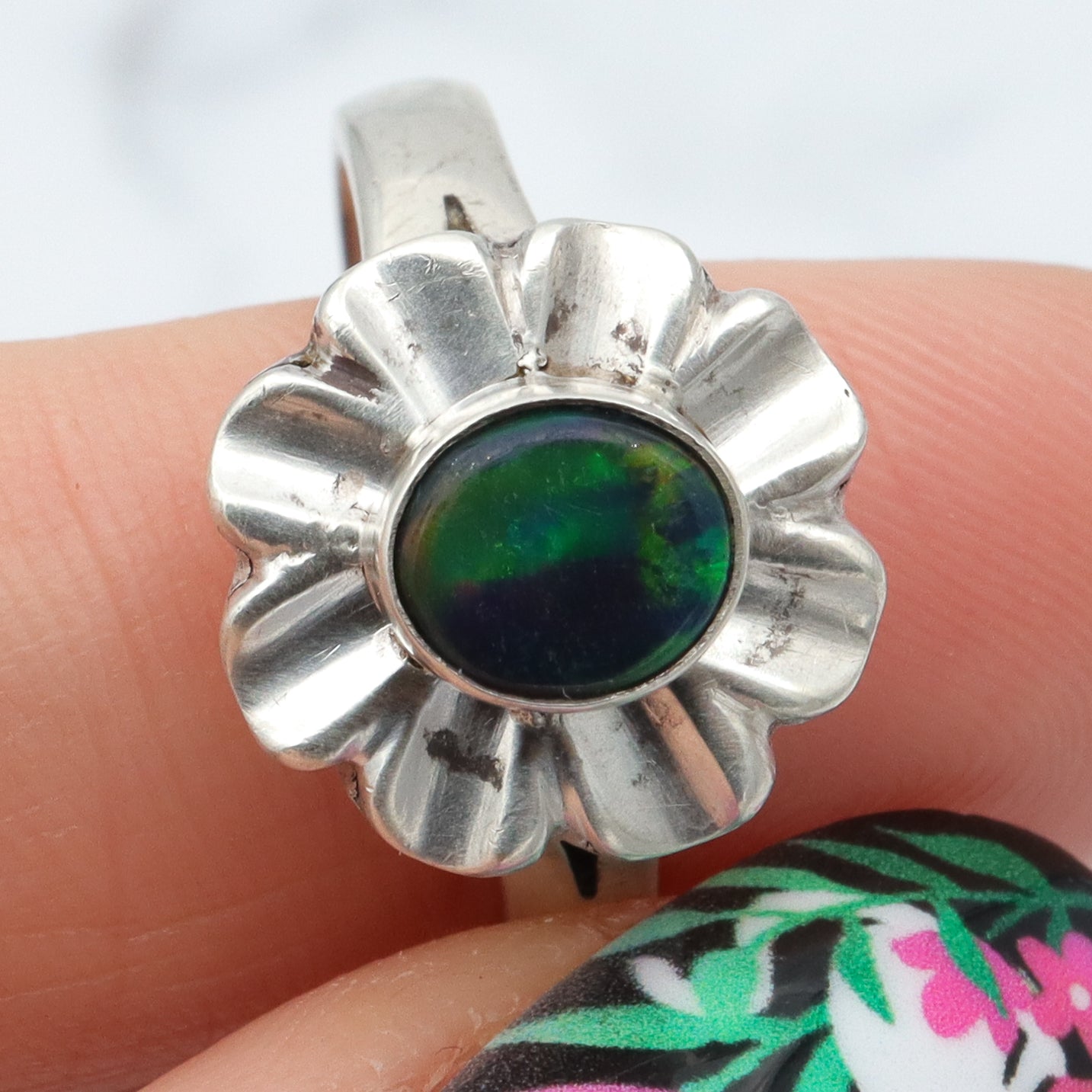 Vintage Modern sterling & black opal triplet ring, sz 8