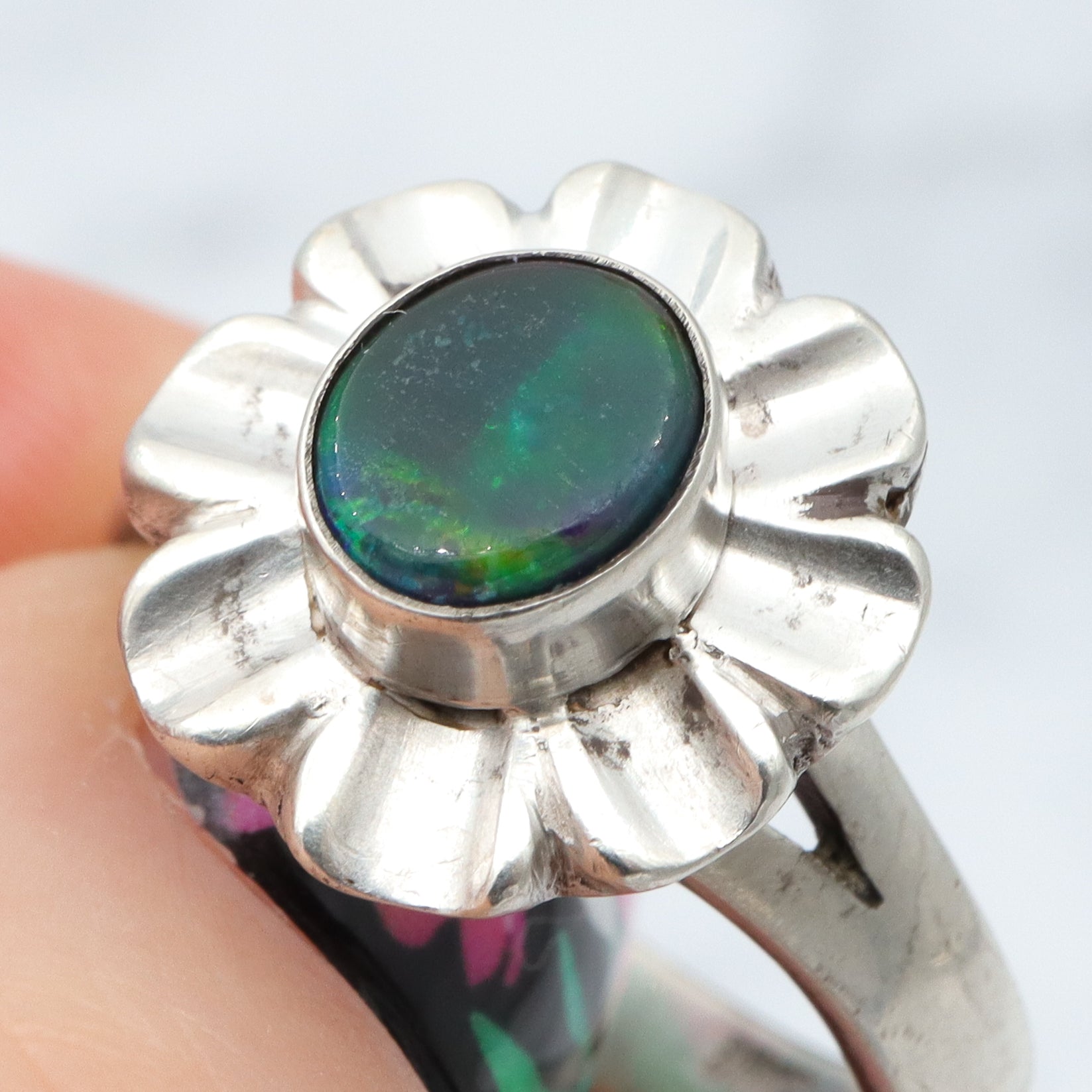 Vintage Modern sterling & black opal triplet ring, sz 8