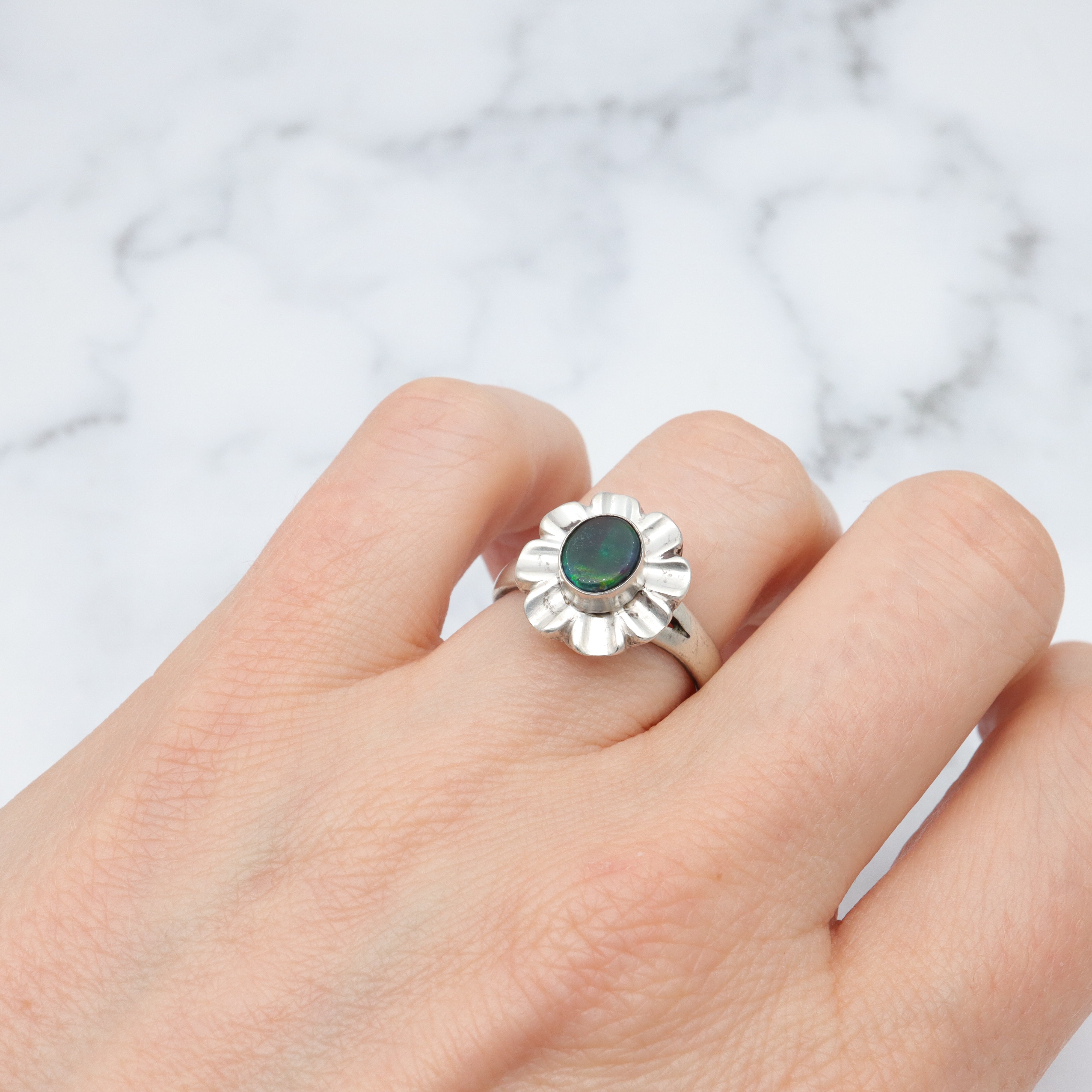 Vintage Modern sterling & black opal triplet ring, sz 8