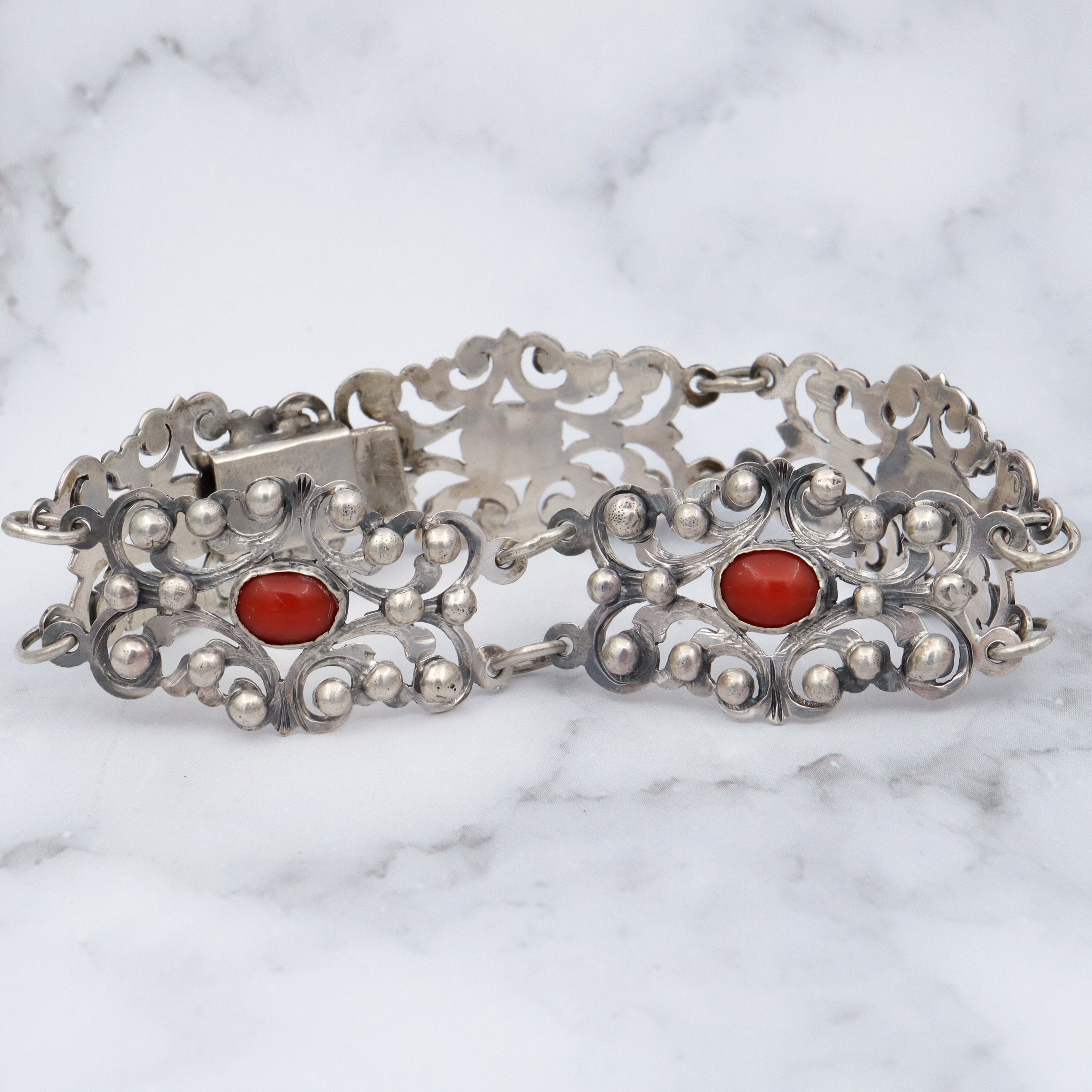 Antique Renaissance Revival .800 silver & coral bracelet