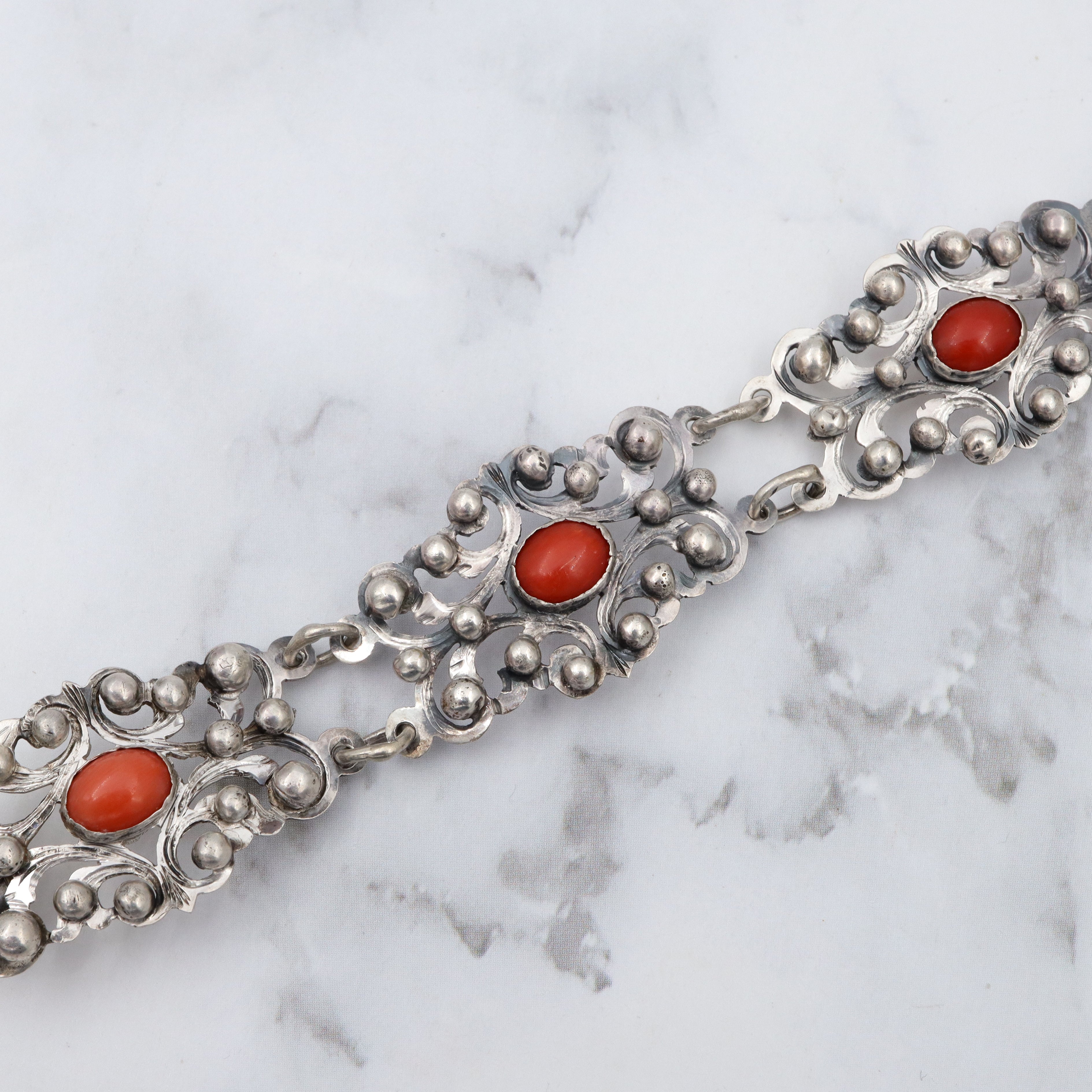 Antique Renaissance Revival .800 silver & coral bracelet