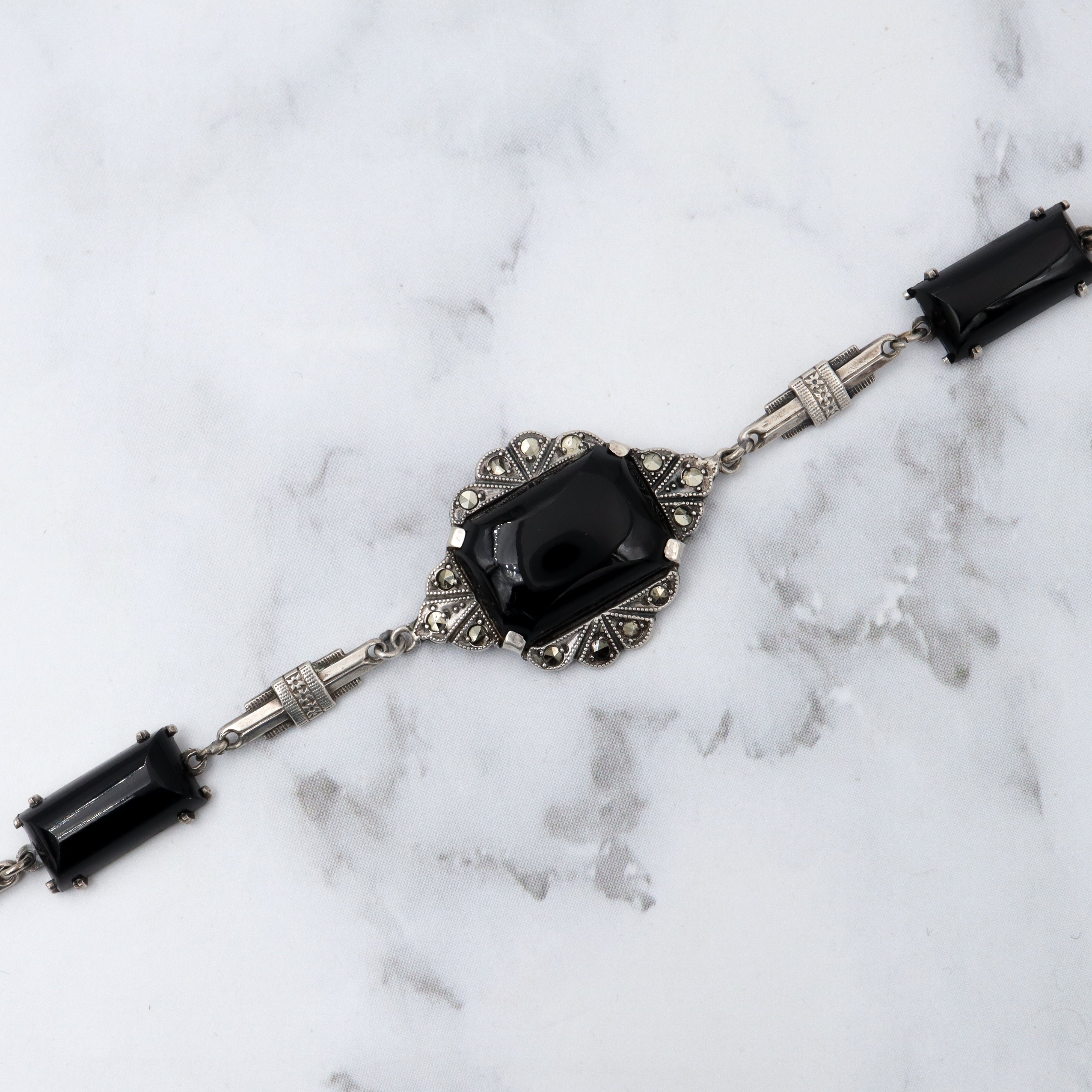 Antique Art Deco sterling, onyx & marcasite bracelet