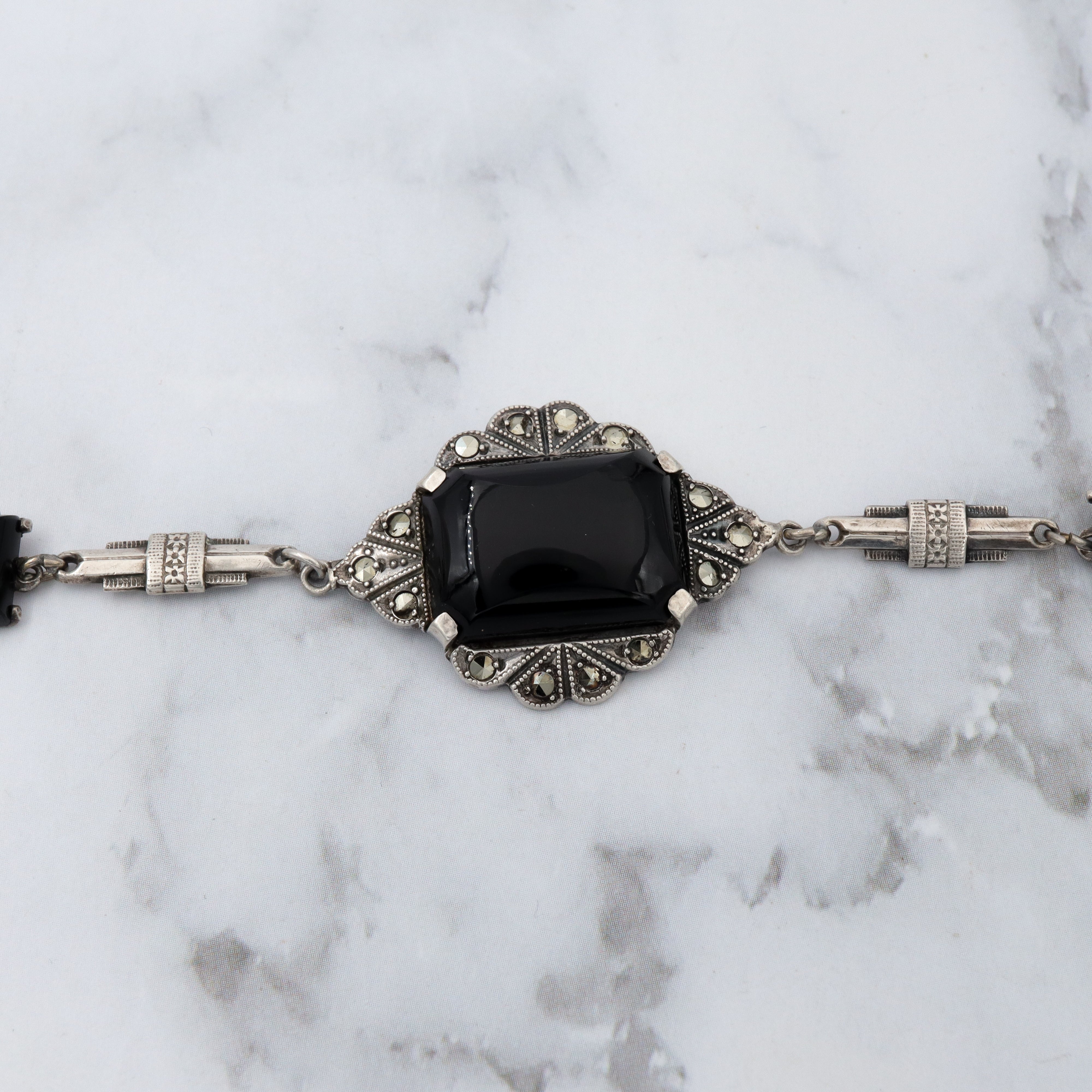 Antique Art Deco sterling, onyx & marcasite bracelet