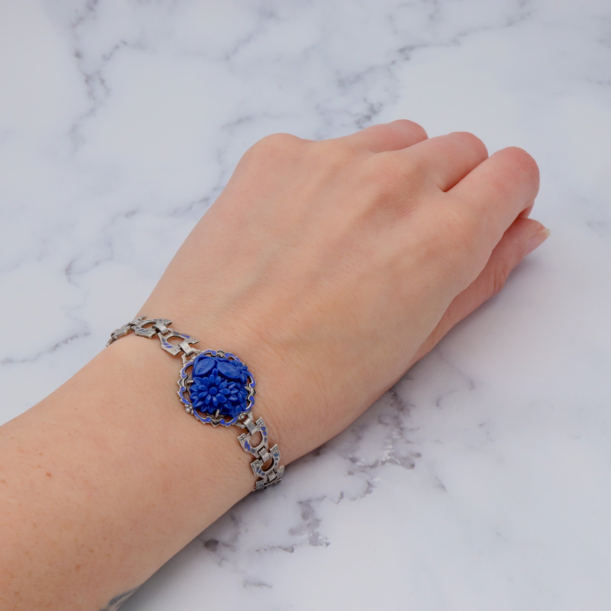 Antique Deco sterling molded blue lapis glass & enamel link bracelet