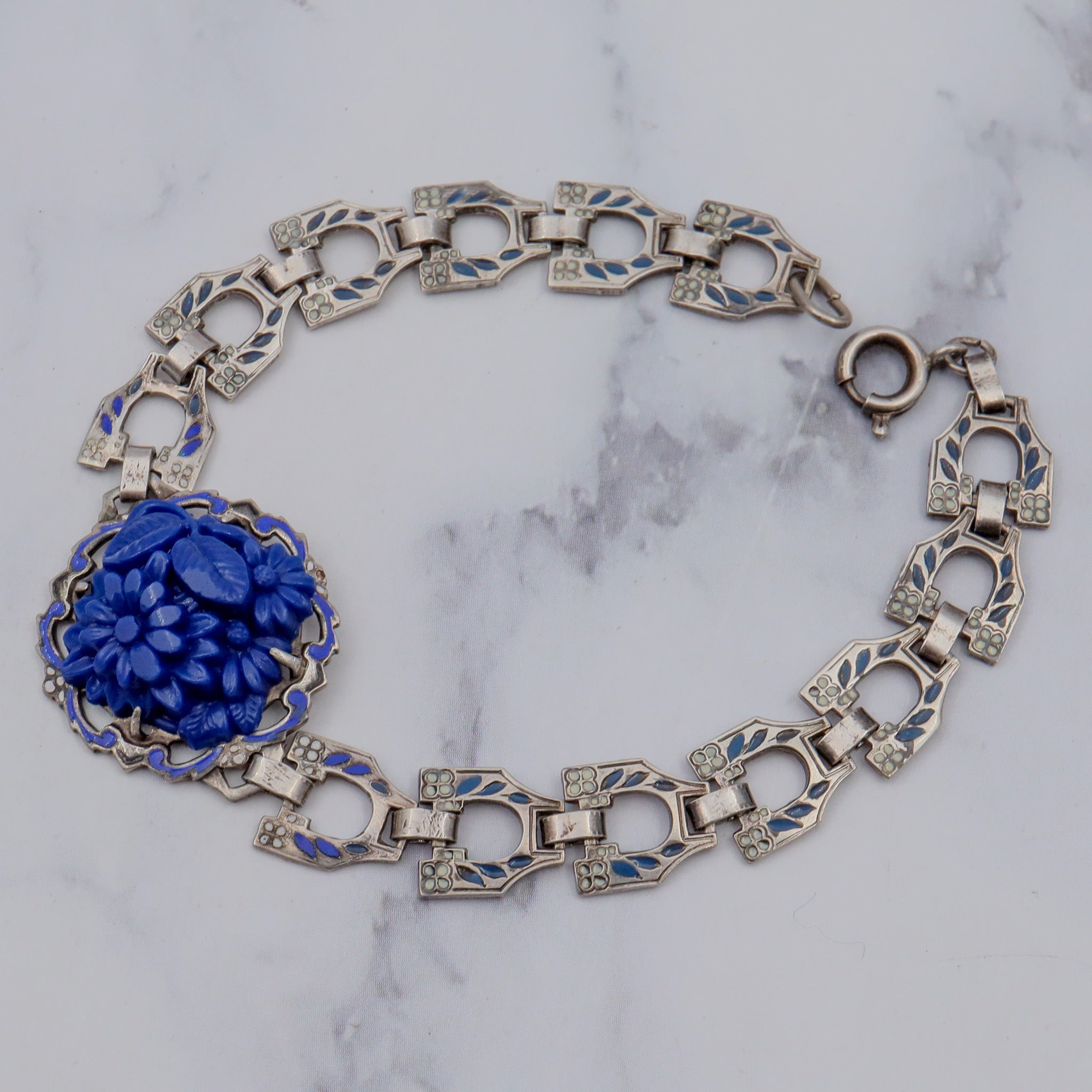 Antique Deco sterling molded blue lapis glass & enamel link bracelet