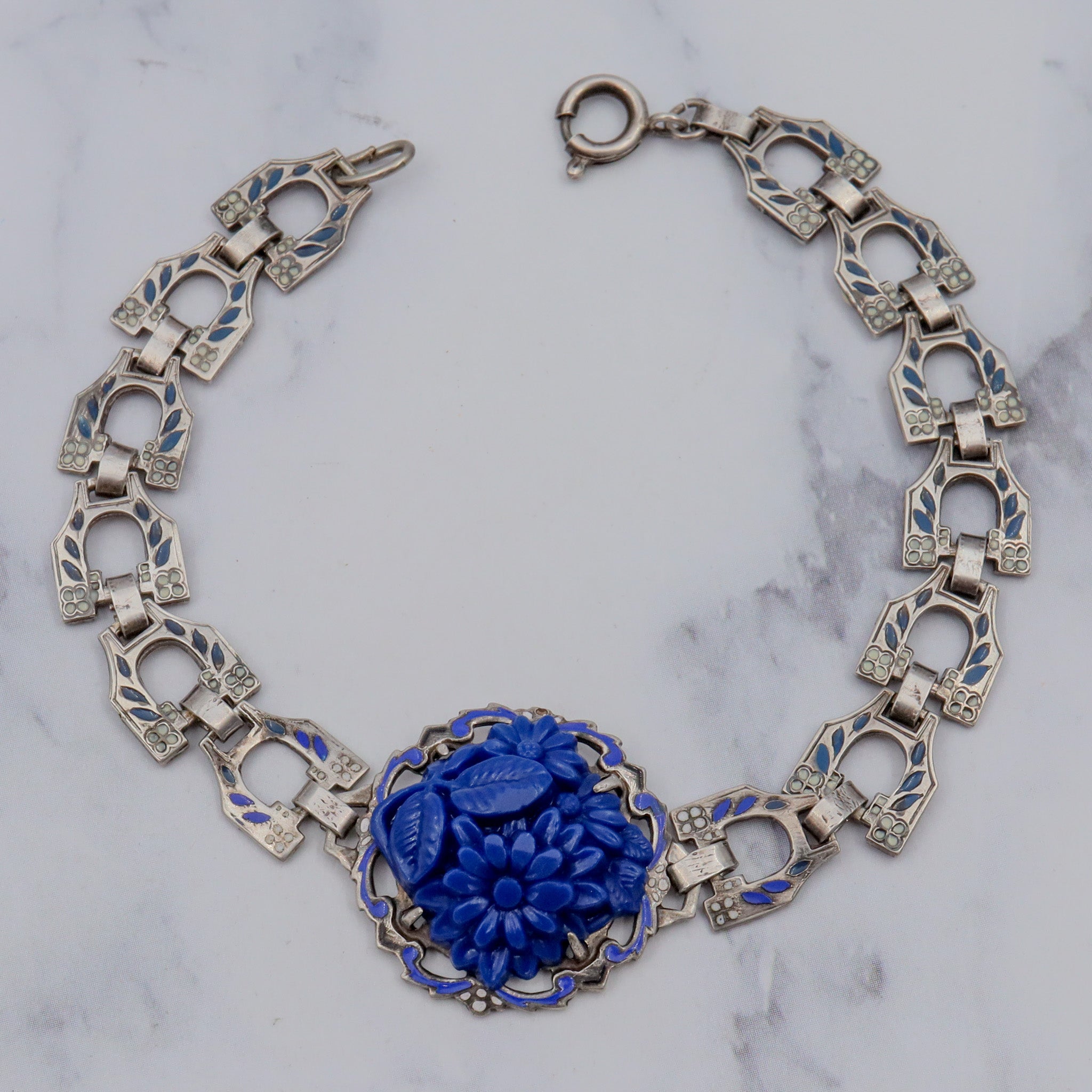 Antique Deco sterling molded blue lapis glass & enamel link bracelet