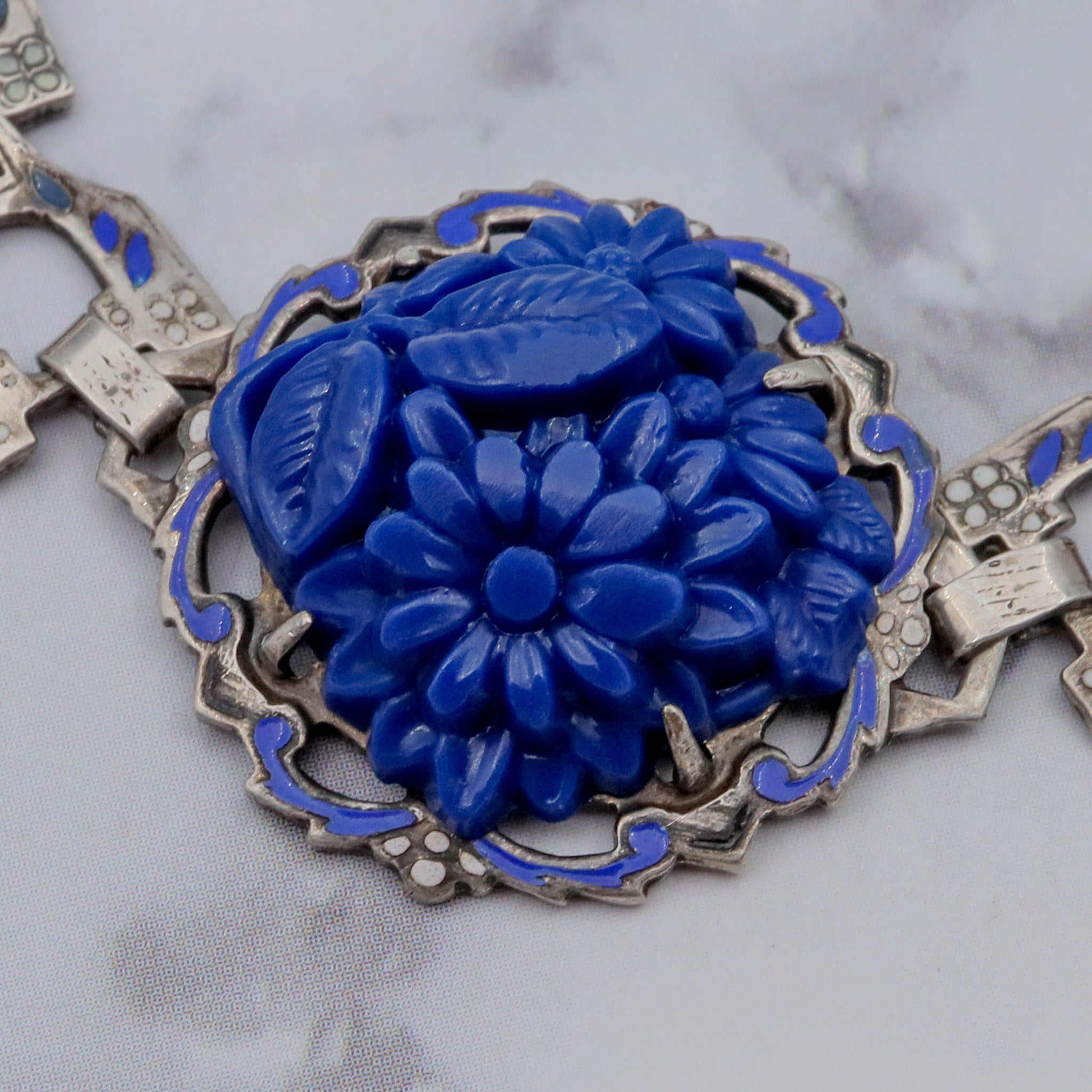 Antique Deco sterling molded blue lapis glass & enamel link bracelet