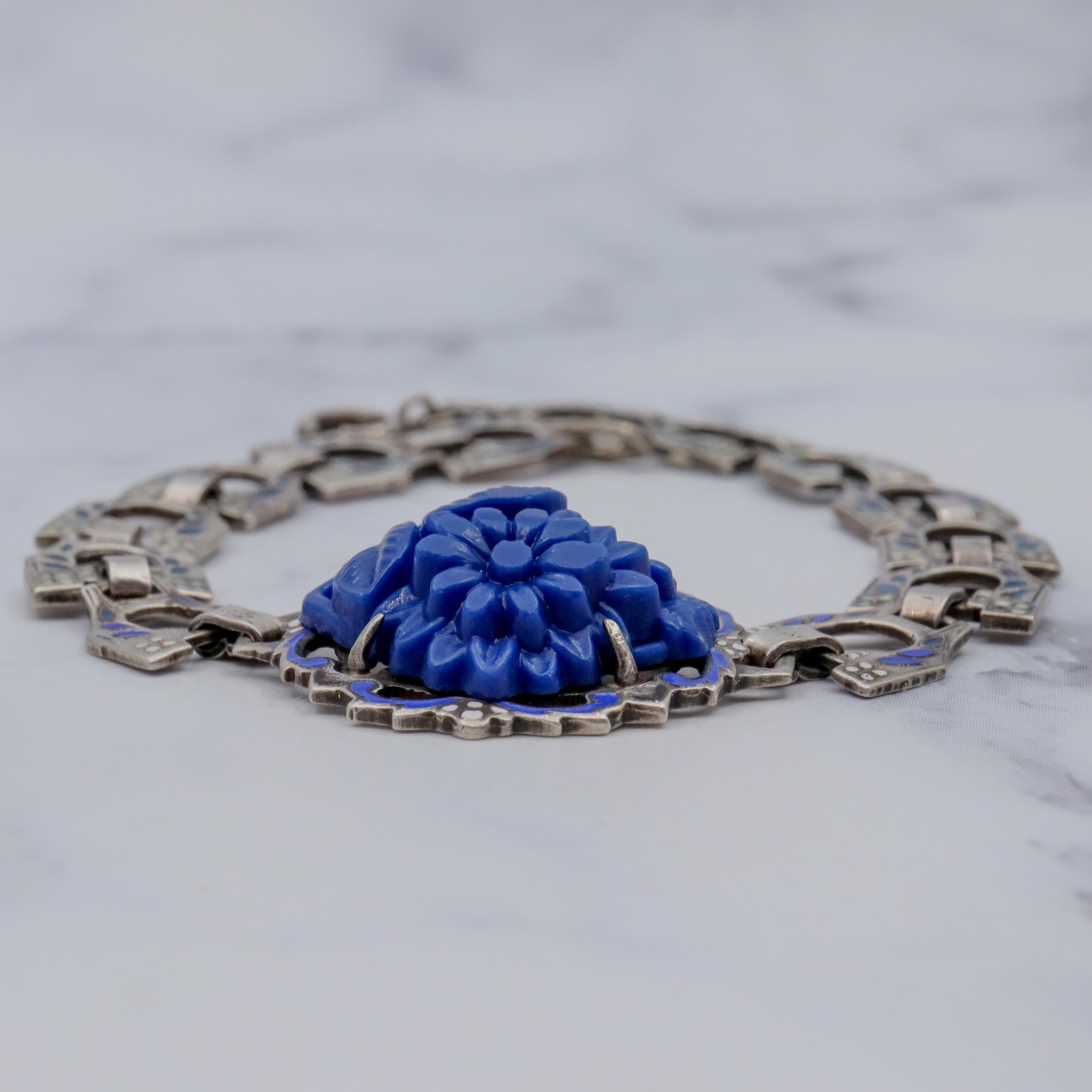 Antique Deco sterling molded blue lapis glass & enamel link bracelet